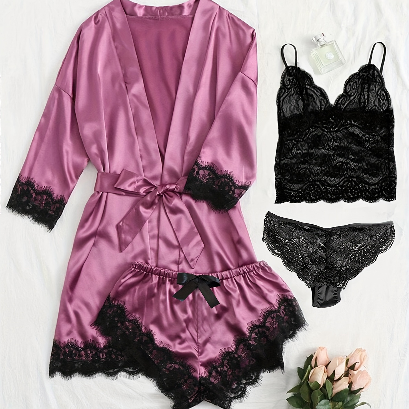 

Women's Sexy Solid Satin Lace Lounge Set, Quarter Sleeve Robe & V Neck Backless Cami Top & Pants & Shorts, Comfortable Relaxed Fit