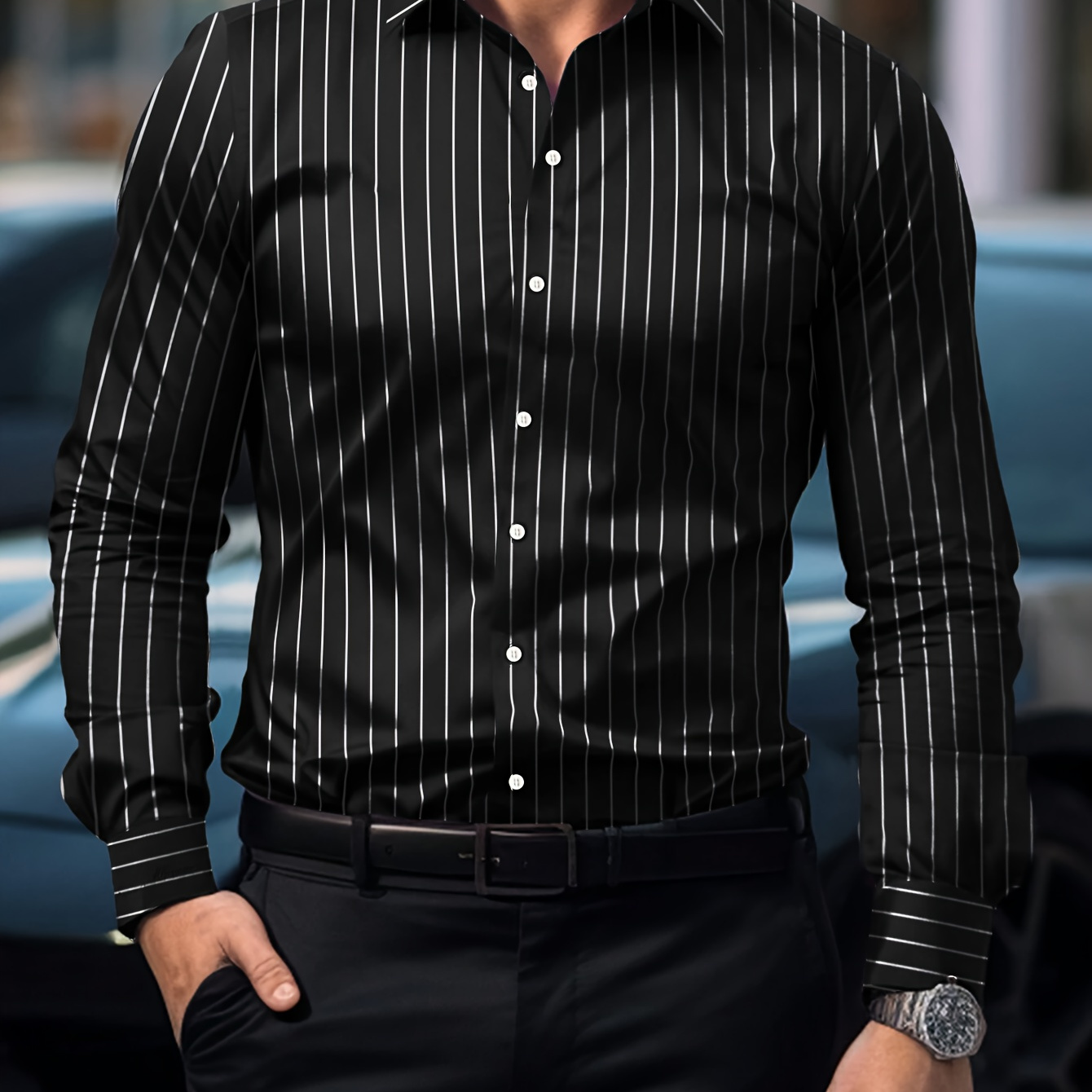 

Men's Slim-fit Striped Dress Shirt - Polyester, Machine Washable, Button Detail, Wear