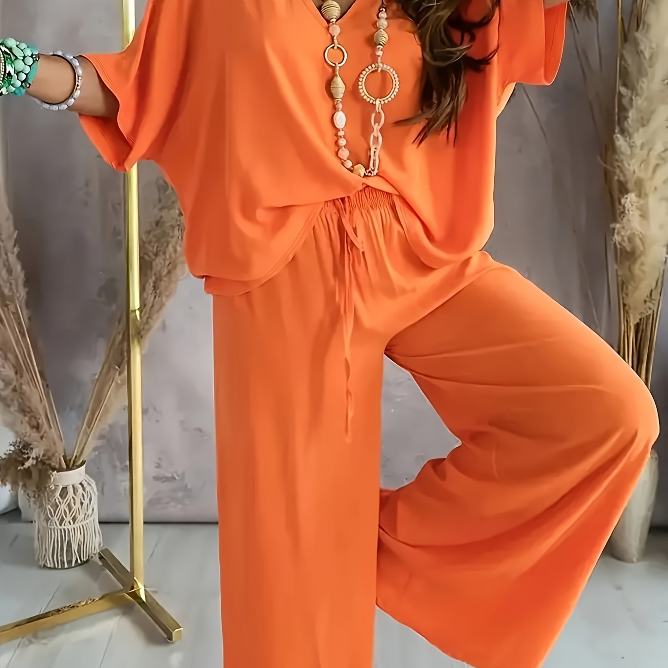 

2-piece Set Women', Summer, Fall 2024 New Solid Color Casual Pants Set, V-neck Half Sleeve And Knotted Front Wide-leg Pants 2-piece Set