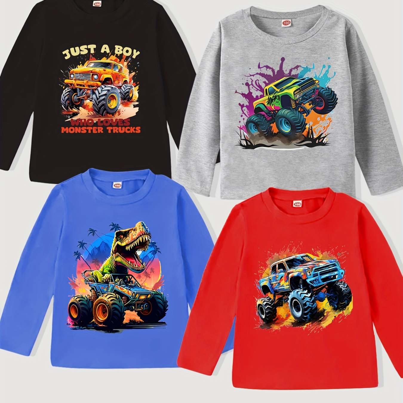 

4 voitures tout-terrain imprimées pour garçons T-shirt à manches longues confortable et polyvalent pour garçons T-shirts haut