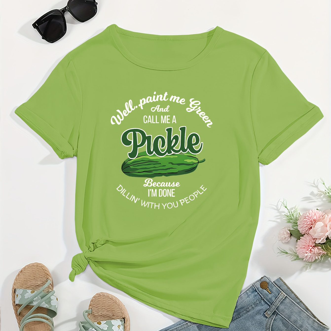 

Women's Casual T-shirt With "call Me A Pickle" Print, Soft Short Sleeve Tie-front Top, Novelty Vegetable Graphic Tee