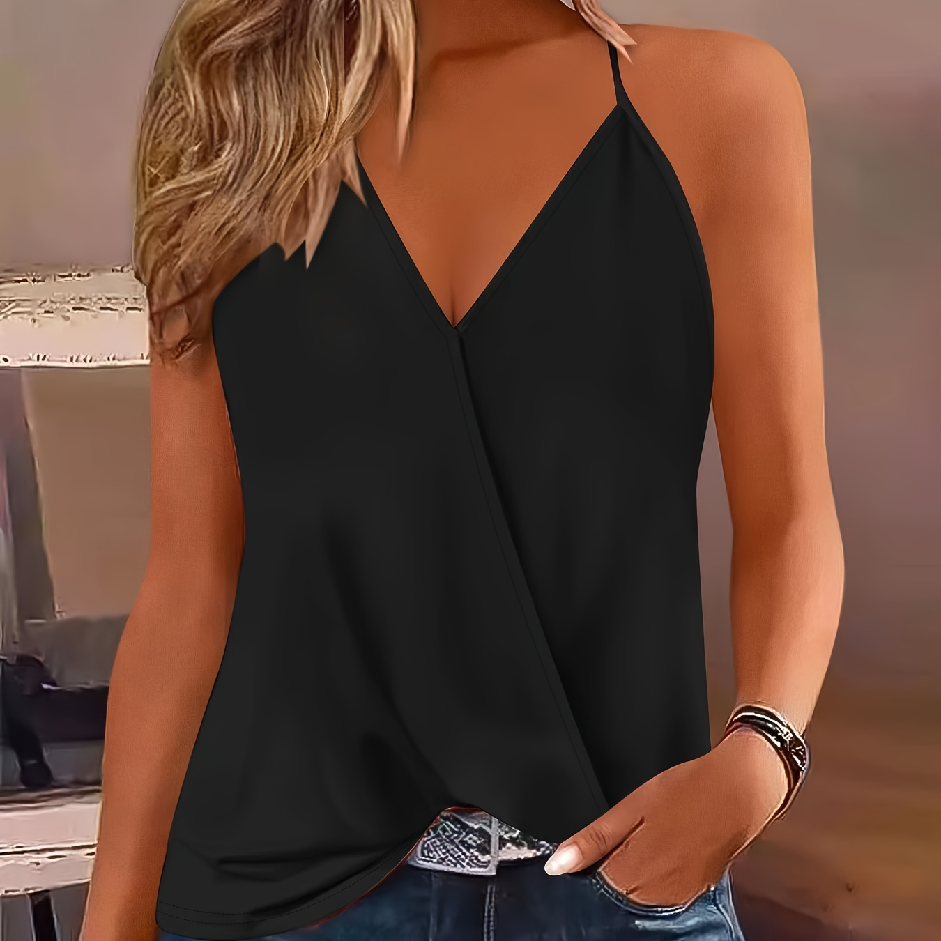 

Solid Color Surplice Neck Cami Top, Casual Spaghetti Strap Top For Spring & Summer, Women's Clothing