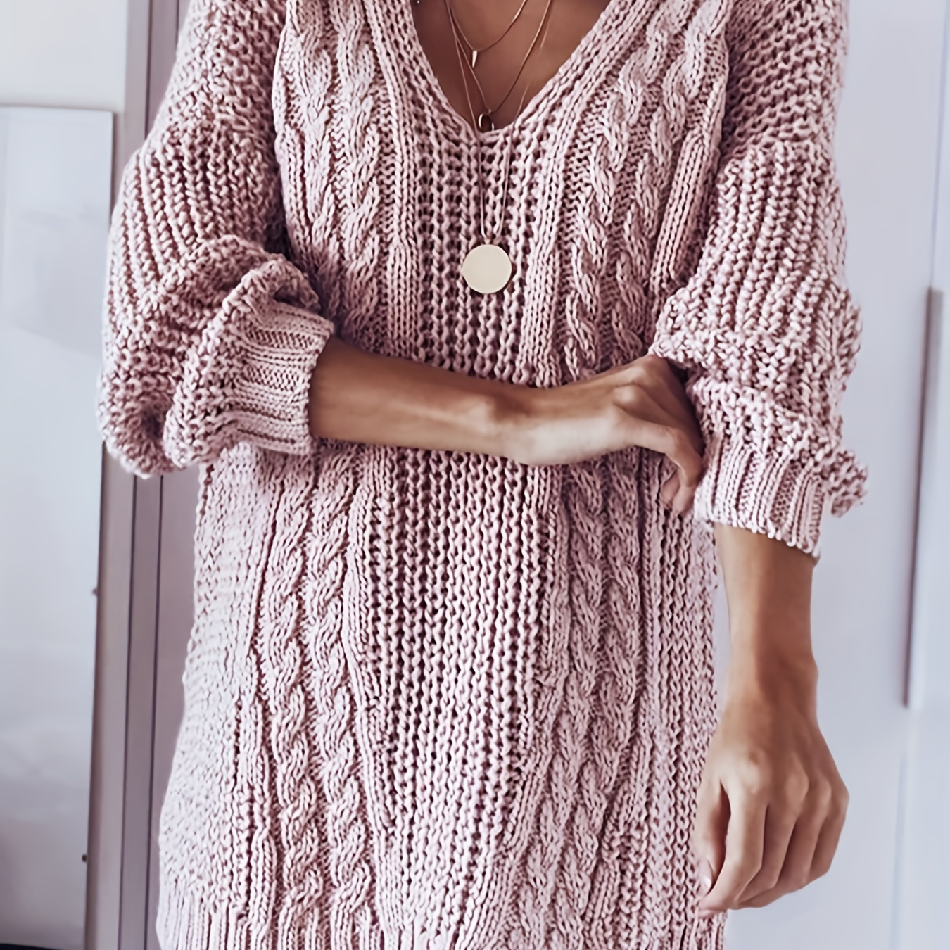 

Solid V Neck Chunky Cable Knit Sweater, Casual Long Sleeve Loose Pullover Sweater, Women's Clothing