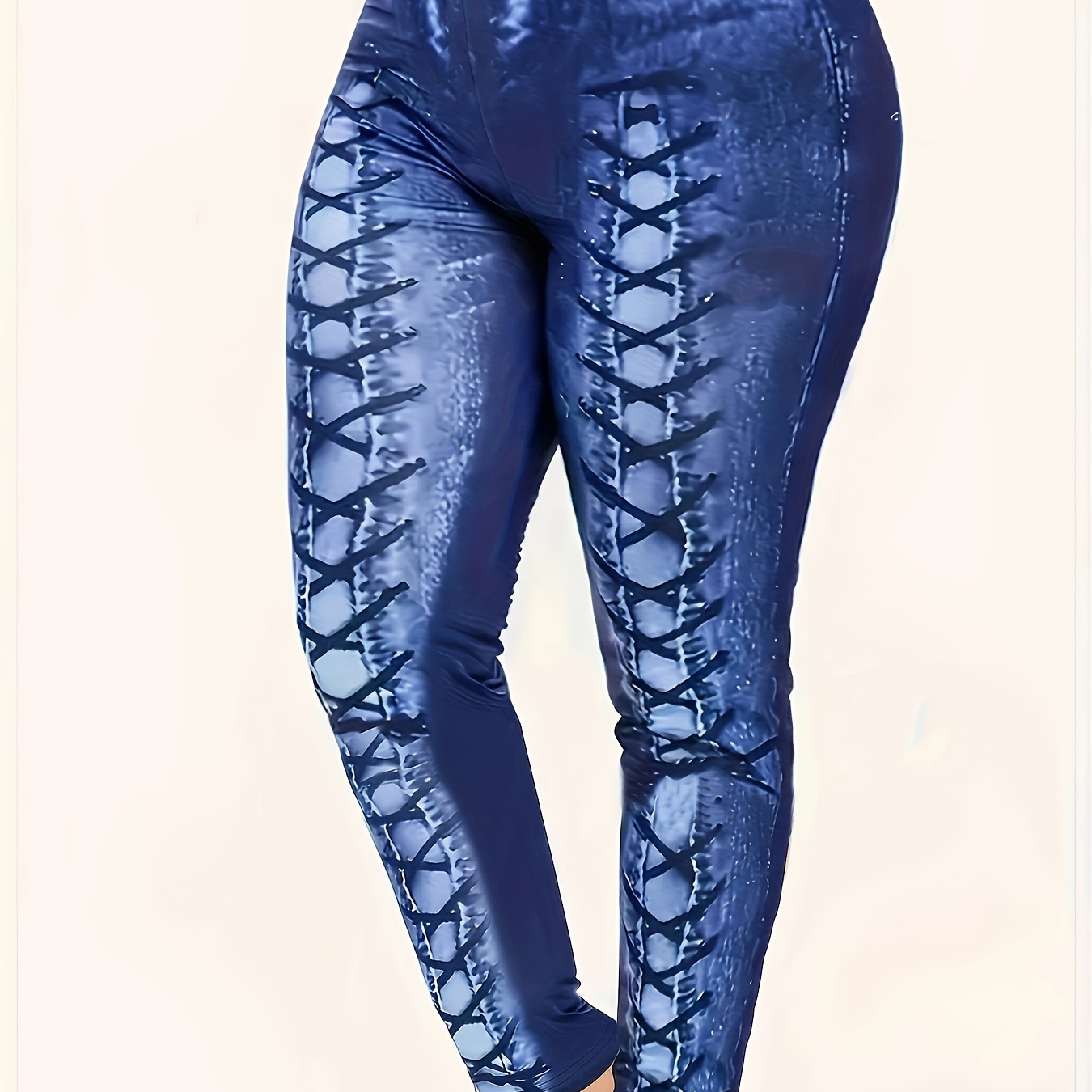 

Plus Size Casual Pants, Women's Plus Imitation Denim Print High Rise Medium Stretch Skinny Leggings