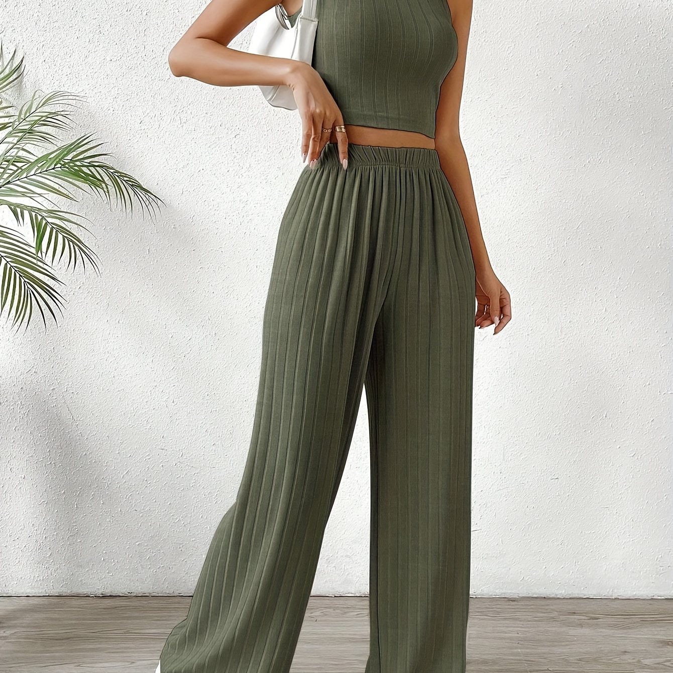 

Casual Solid Color Pants Set, Crew Neck Sleeveless Tank Top & Wide Leg Loose Pants For Spring & Summer, Women's Clothing