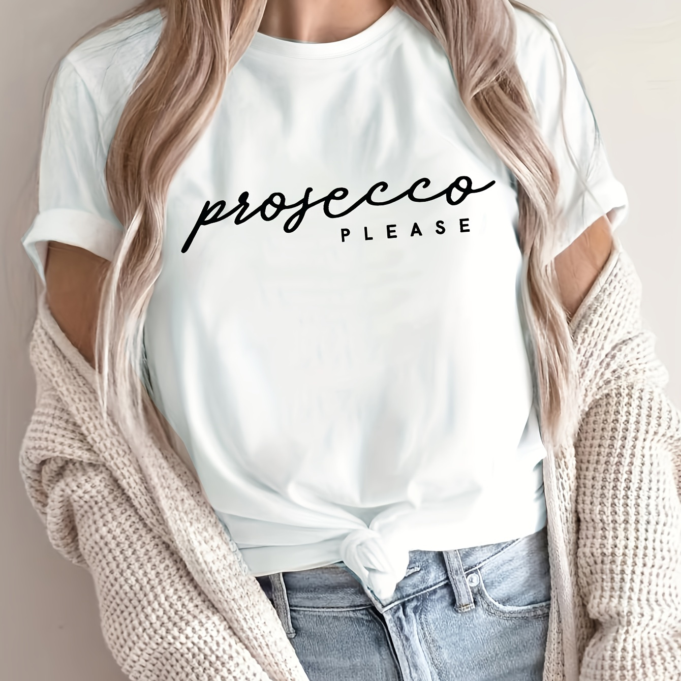 

Women's "prosecco Please" Graphic T-shirt - Casual Black Crew Neck Short Sleeve Top, Polyester , Spring/summer, Summer Top|round Neckline Top|stretchy Fabric