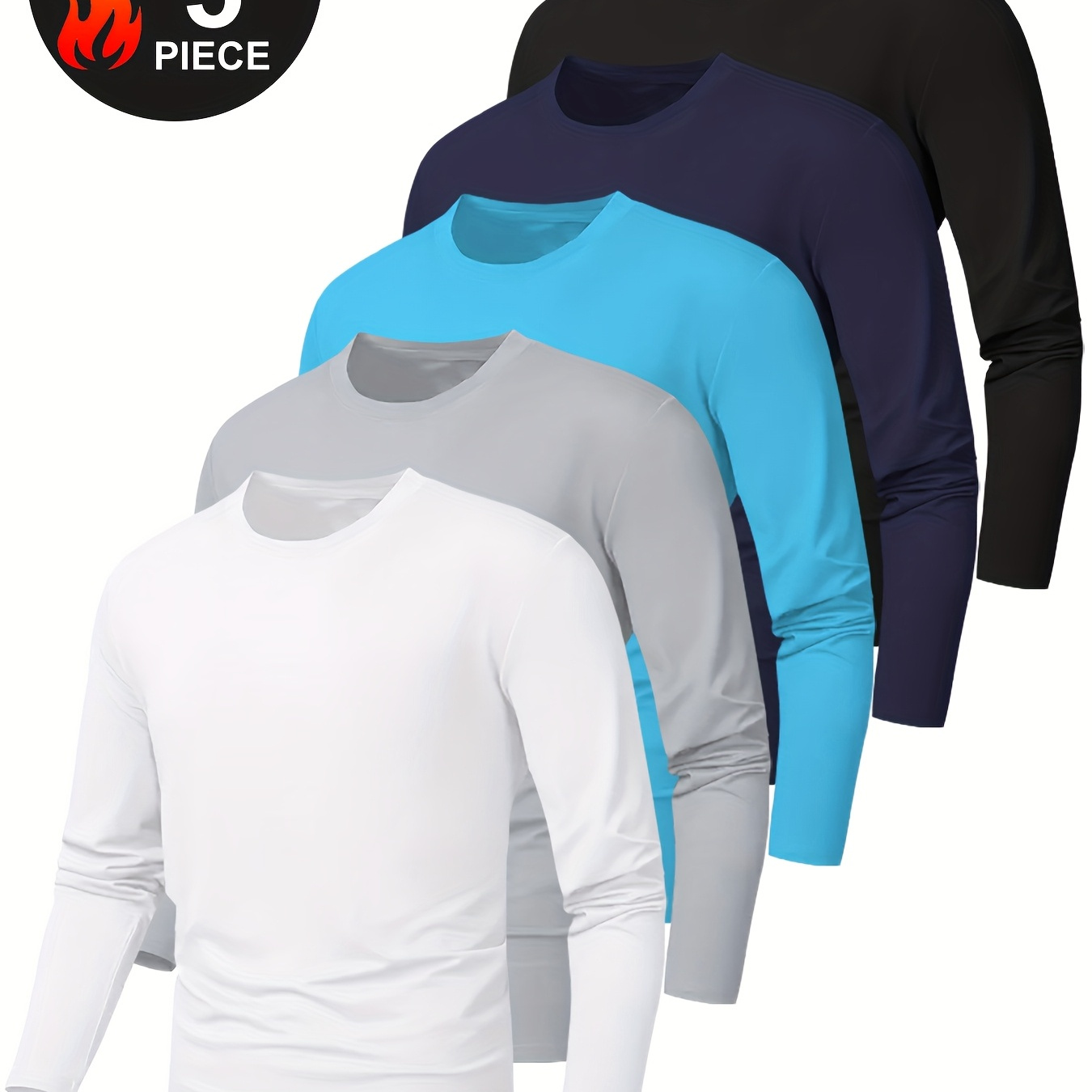 

Hovsiyla 5-pack Men's Long Sleeve T-shirts - 100% Polyester Crew Neck Sports Tops, Solid Color, Stretch Knit Fabric, Regular Fit For Adults - Casual, Weekend, Hiking & Outdoor Wear