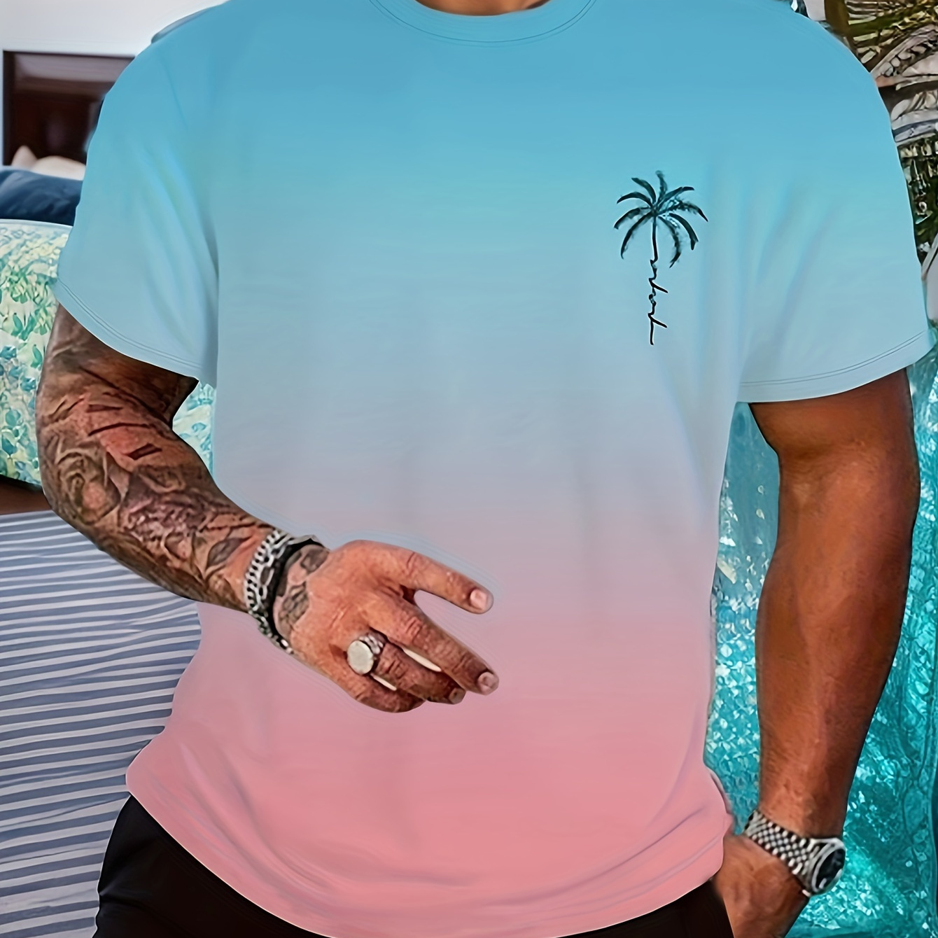 

Men's Summer Fashion Coconut Tree Graffiti Pattern And Gradient Color Crew Neck And Short Sleeve T-shirt, Chic And Trendy Tops For Daily And Holiday Leisurewear