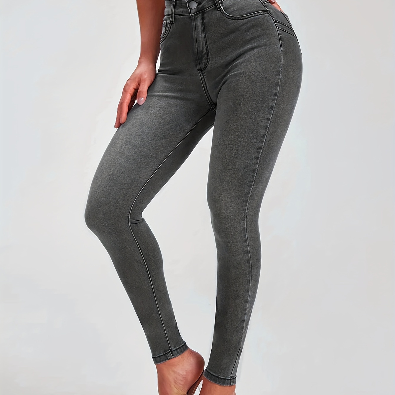 

High Rise Stretchy Grey Skinny Jeans, High Plain Design Tight Fit Denim Pants, Women's Denim Jeans & Clothing