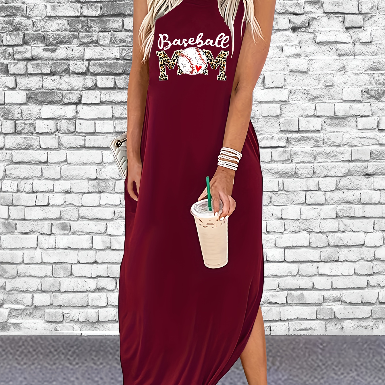 

Baseball Mom Print Sleeveless Tank Dress, Casual Crew Neck Split Long Length Tank Dress For Spring & Summer, Women's Clothing