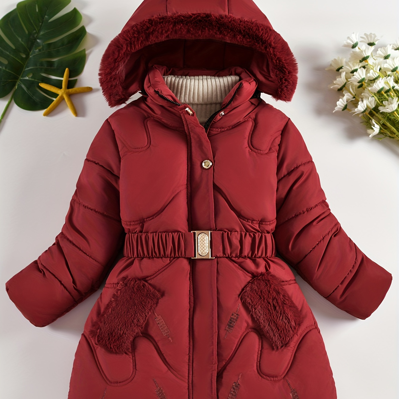 

' Winter Coat With Detachable Plush Hood & Belt - Casual Fashion, Geometric Pattern, Polyester Fill