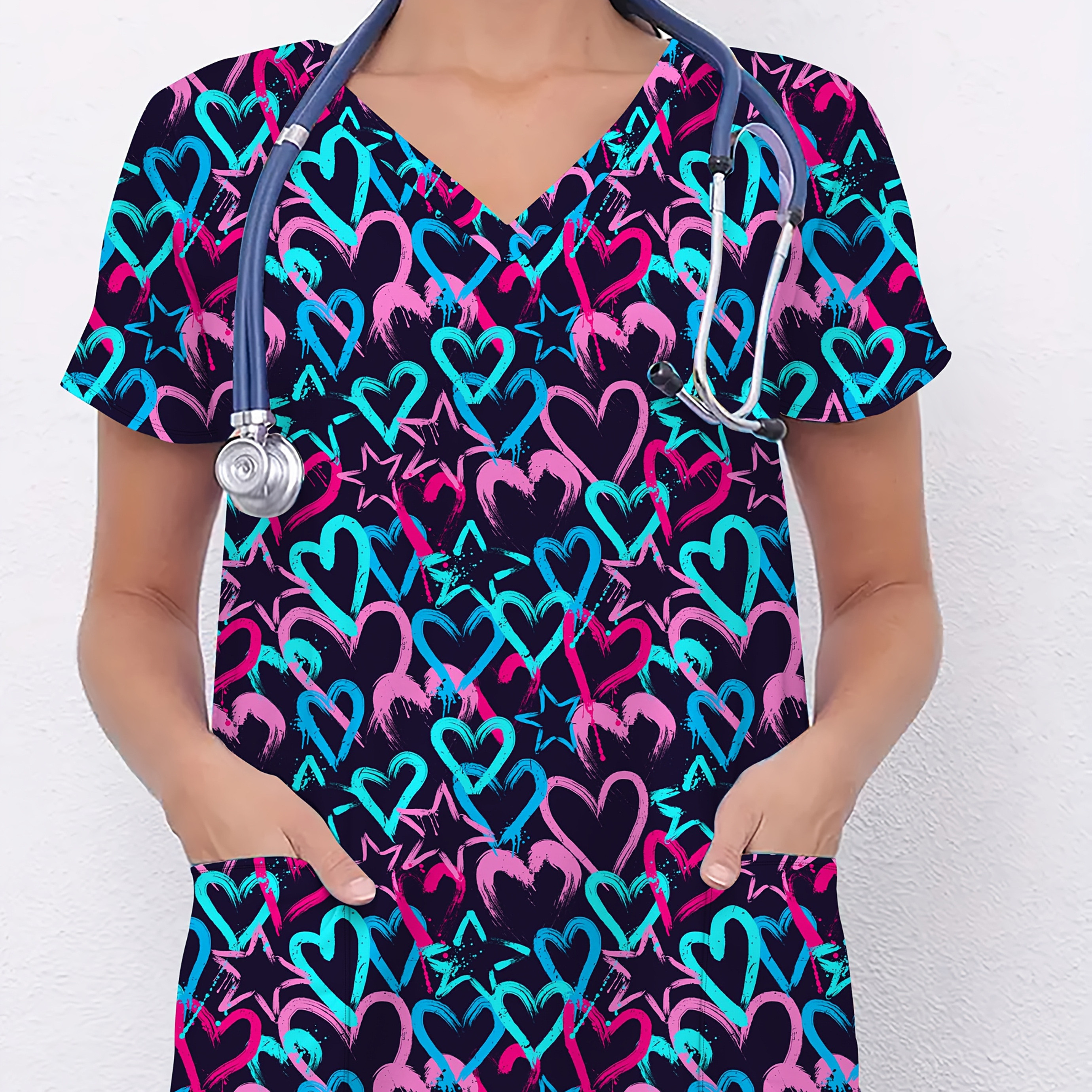 

Women's Plus Size V-neck Heart Print Scrub Top - Elegant & Comfortable, Short Sleeve Nurse Uniform With Pockets, Machine Washable, Casual, Valentine's Day