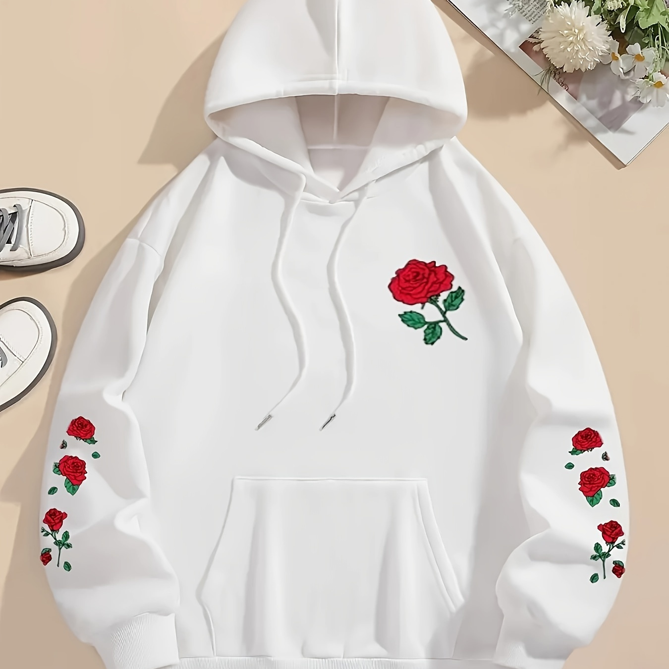 

Floral Print Hoodie, Drawstring Casual Hooded Sweatshirt For Winter & Fall, Women's Clothing