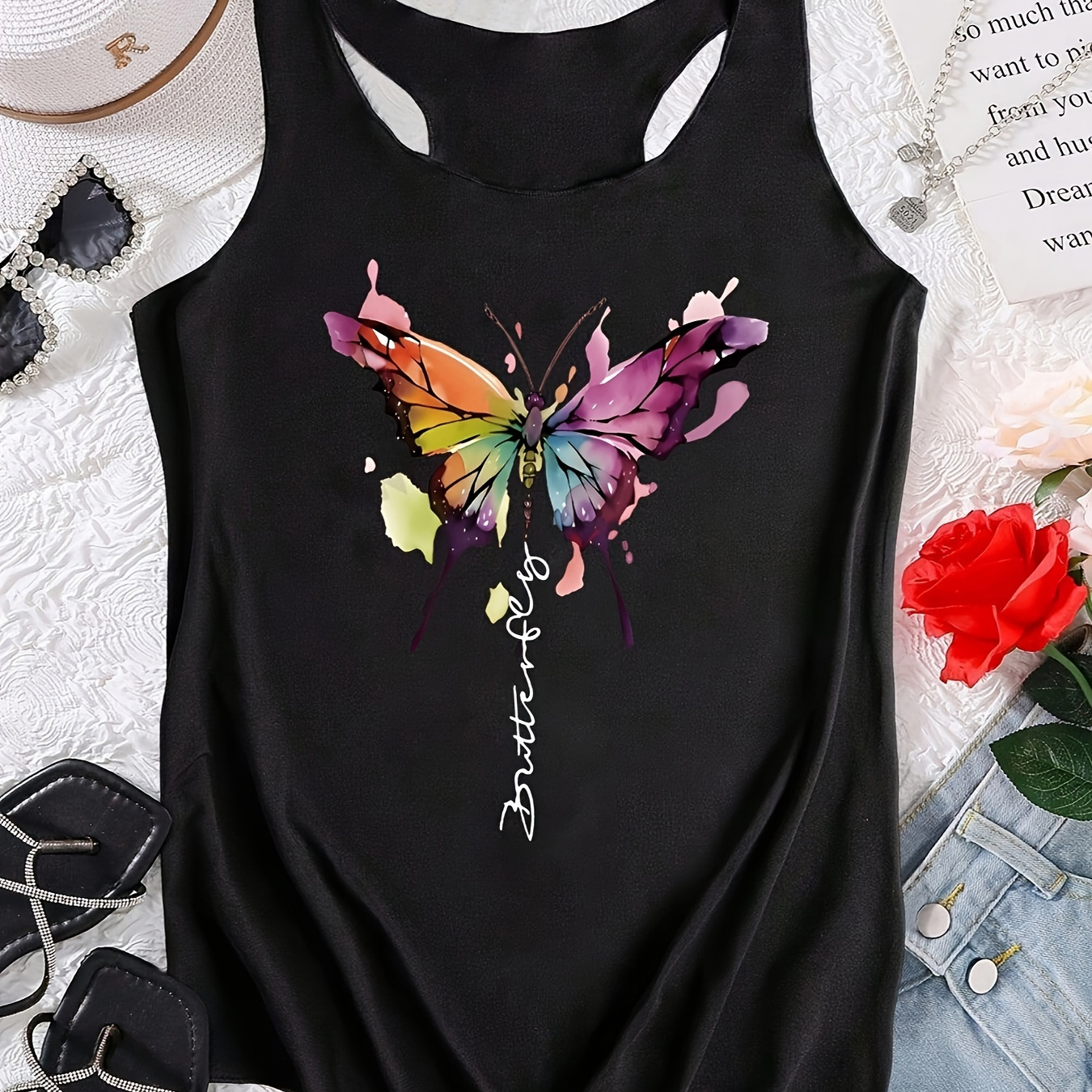 

Butterfly Print Crew Neck Tank Top, Casual Sleeveless Tank Top For Spring & Summer, Women's Clothing