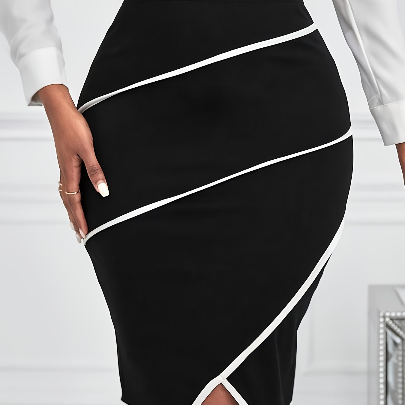 

Contrast Trim Pencil Skirt, Elegant High Waist Asymmetric Hem Skirt For Spring & Summer, Women's Clothing