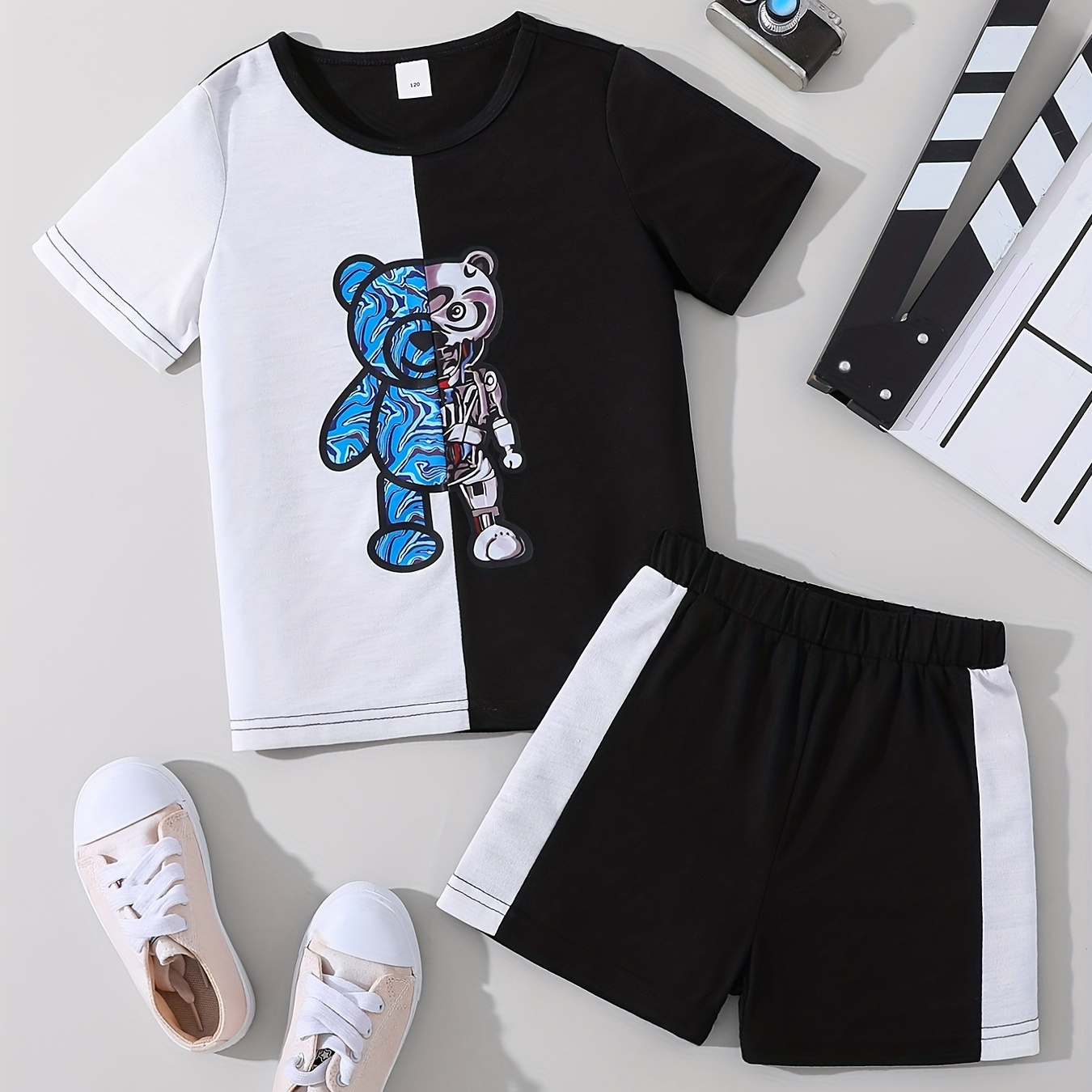 Boys Cartoon Bear And Robot Outfit Shorts & T-shirt Short Sleeves Casual Kids Clothes