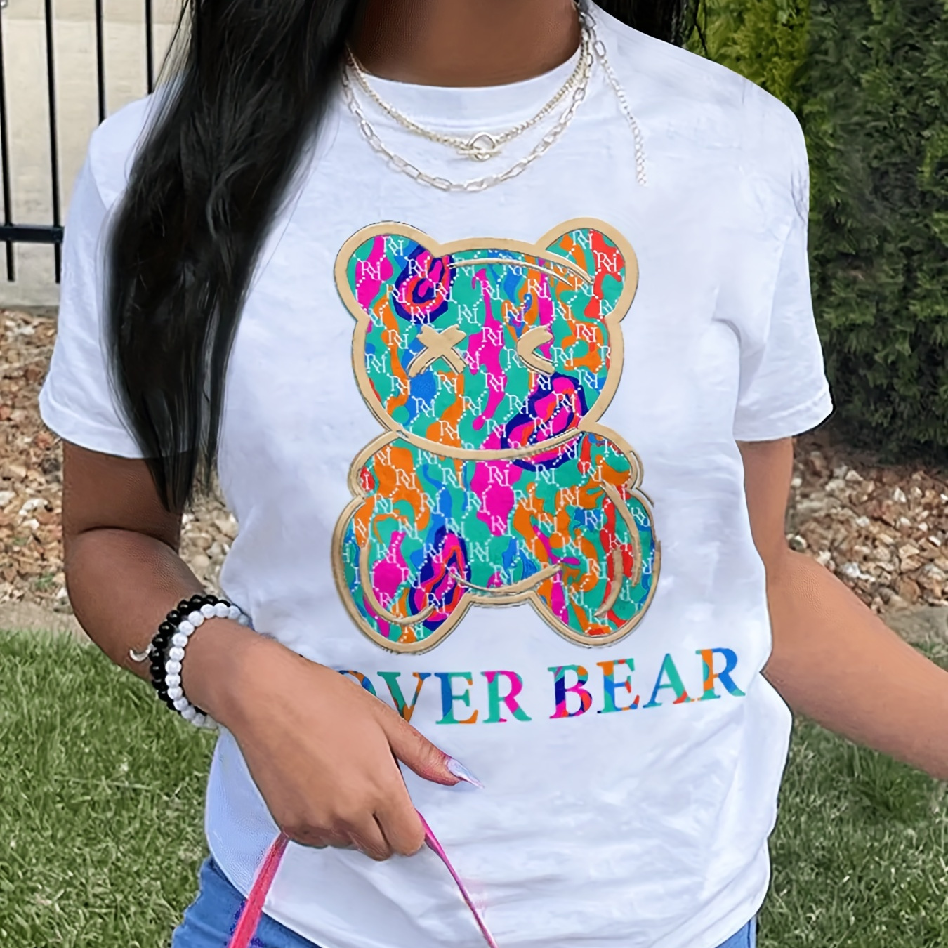 

Bear Print Crew Neck T-shirt, Casual Short Sleeve T-shirt For Spring & Summer, Women's Clothing