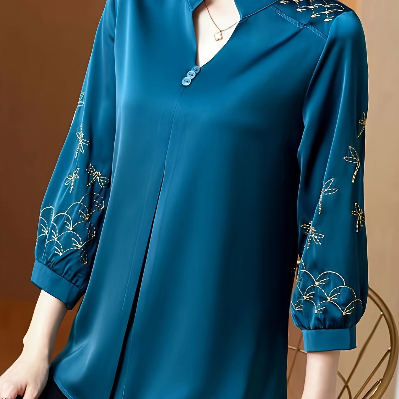 

Embroidered Notched Neck Blouse, Elegant 3/4 Sleeve Loose Blouse For Spring & Fall, Women's Clothing