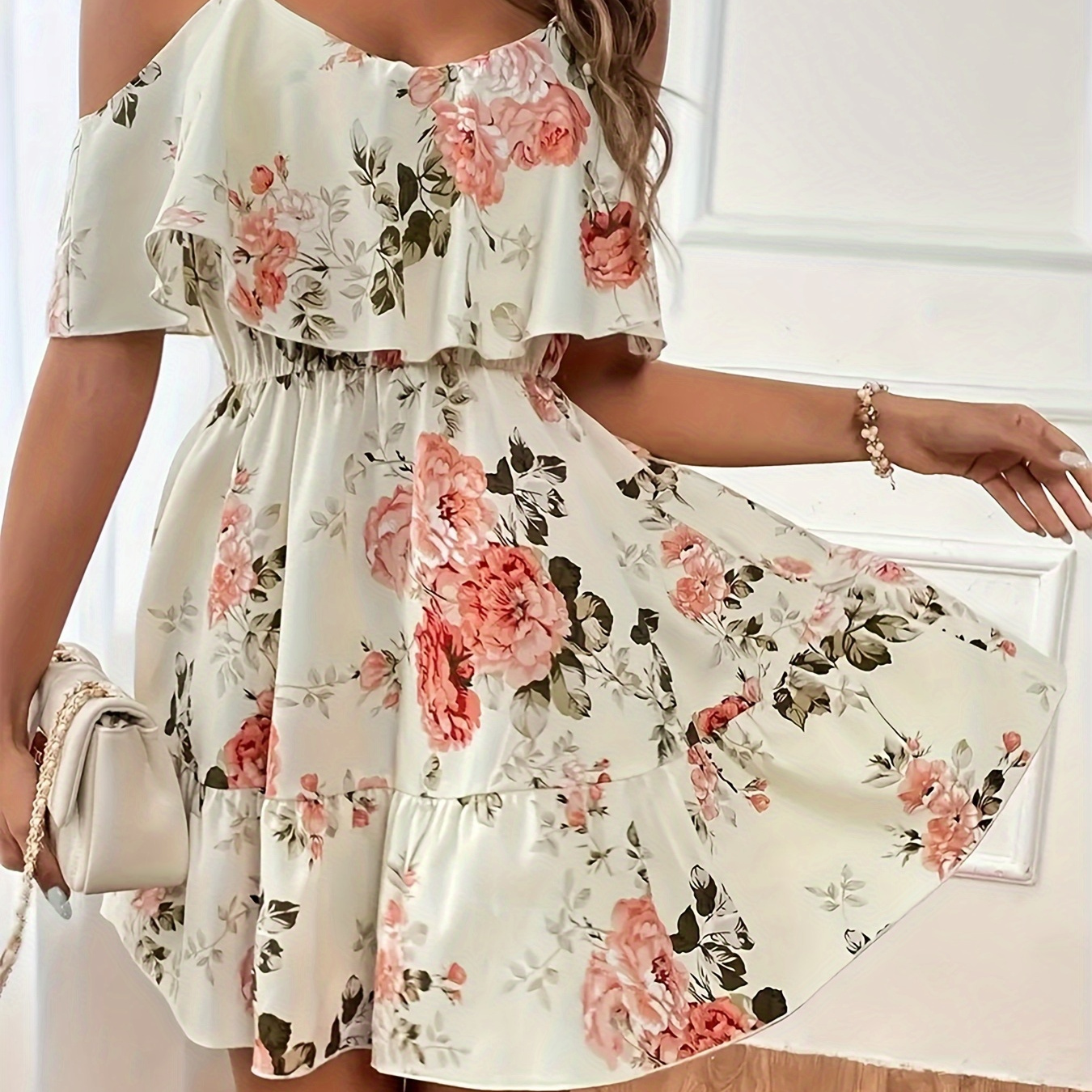 

Floral Print Cold Shoulder Waist Dress, Vacation Short Sleeve Backless Ruffle Trim Dress, Women's Clothing