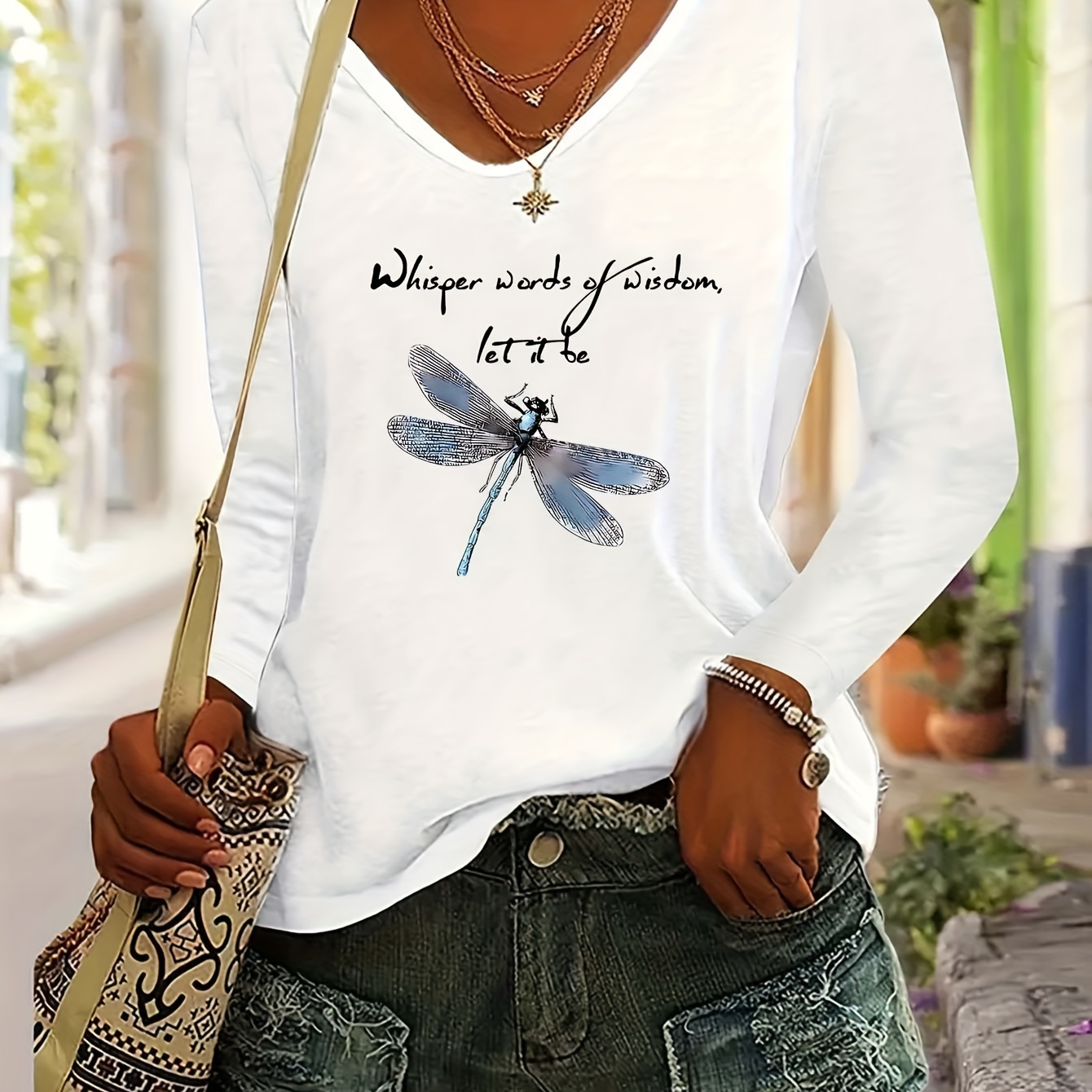 

Dragonfly Print T-shirt, Long Sleeve V Neck Casual Top For Spring & Fall, Women's Clothing