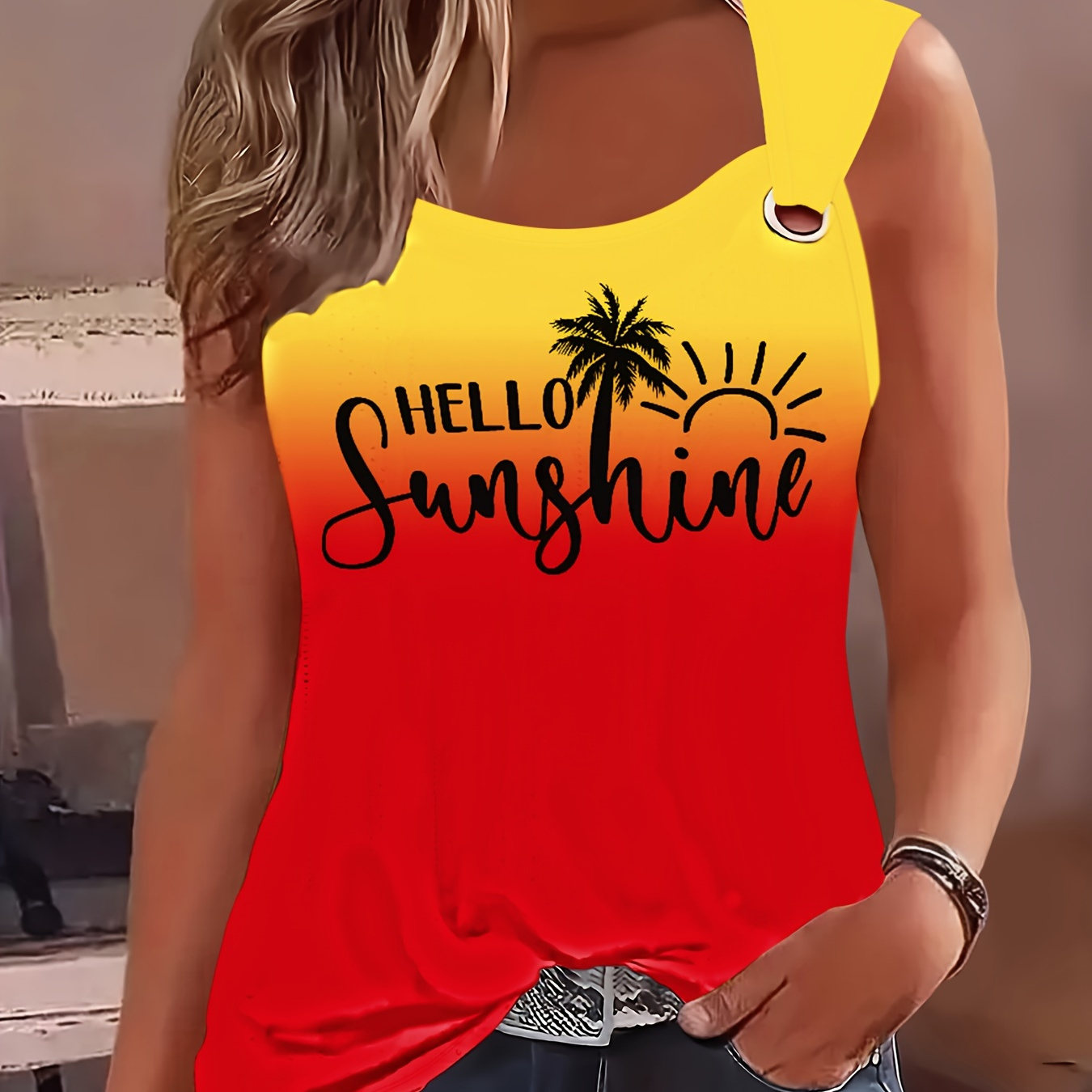 

Letter Print Crew Neck Tank Top, Casual Gradient Ring Sleeveless Tank Top For Spring & Summer, Women's Clothing