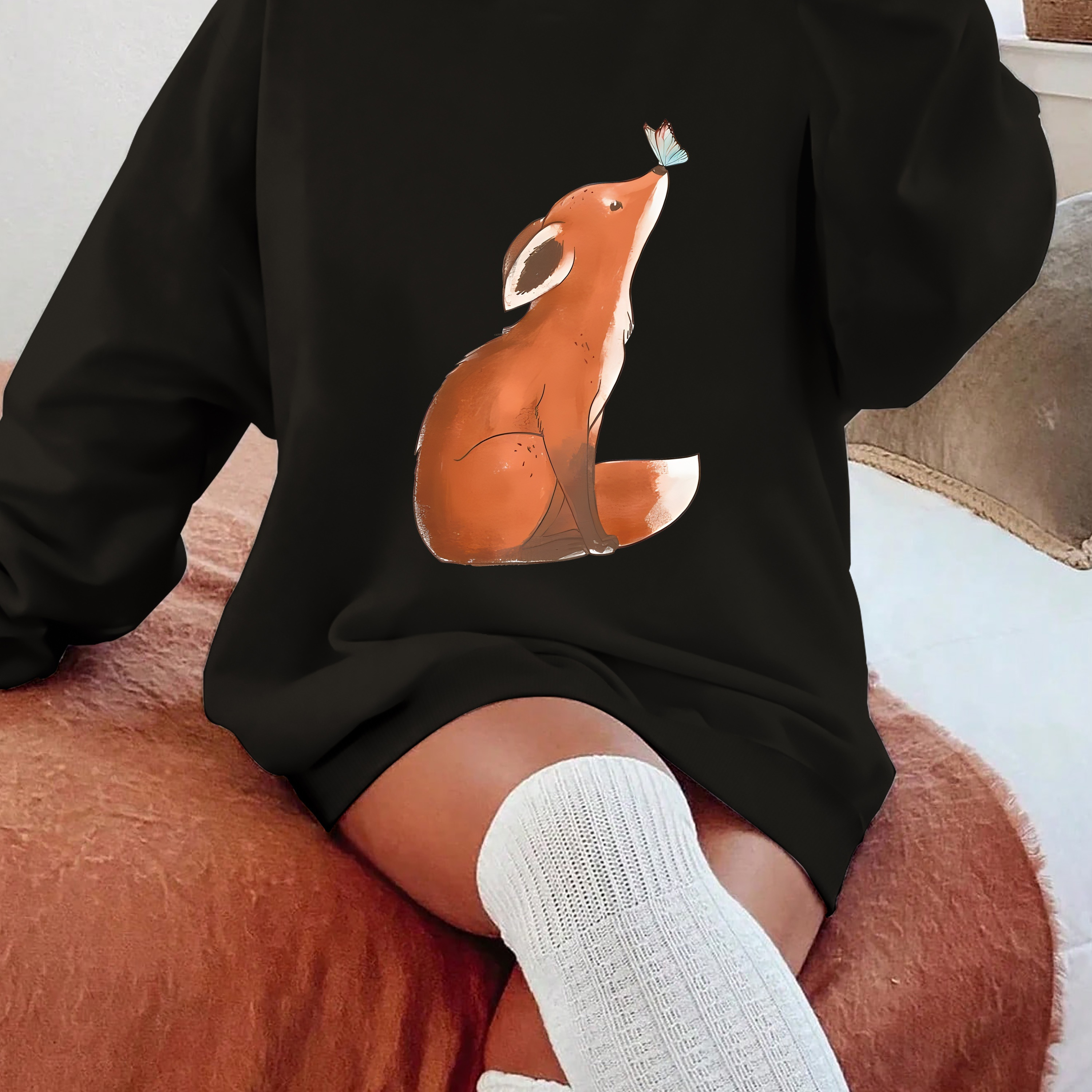 

Fox Print Pullover Sweatshirt, Casual Long Sleeve Crew Neck Sweatshirt For Fall & Winter, Women's Clothing