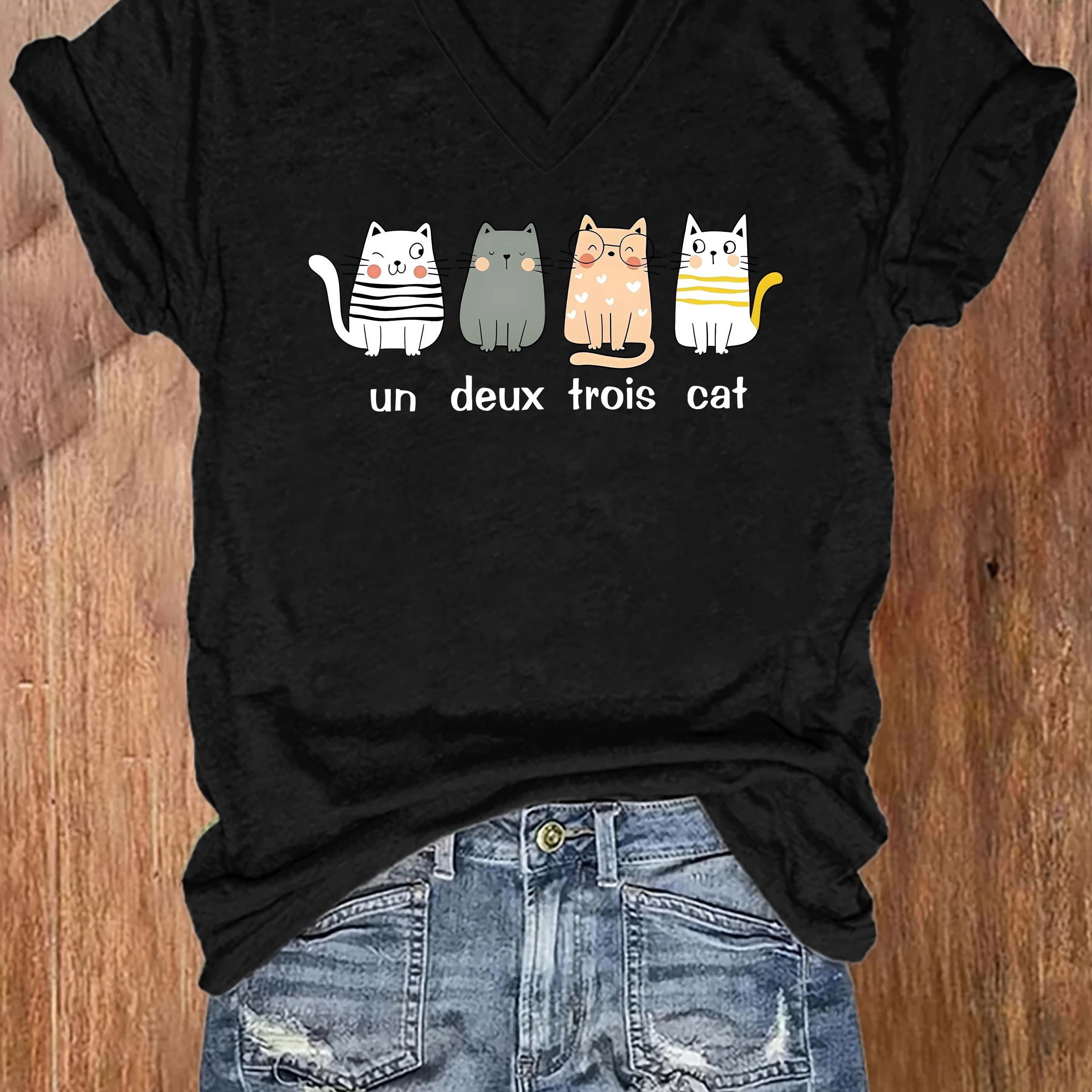 

Cat Print T-shirt, Short Sleeve V Neck Casual Top For Summer & Spring, Women's Clothing