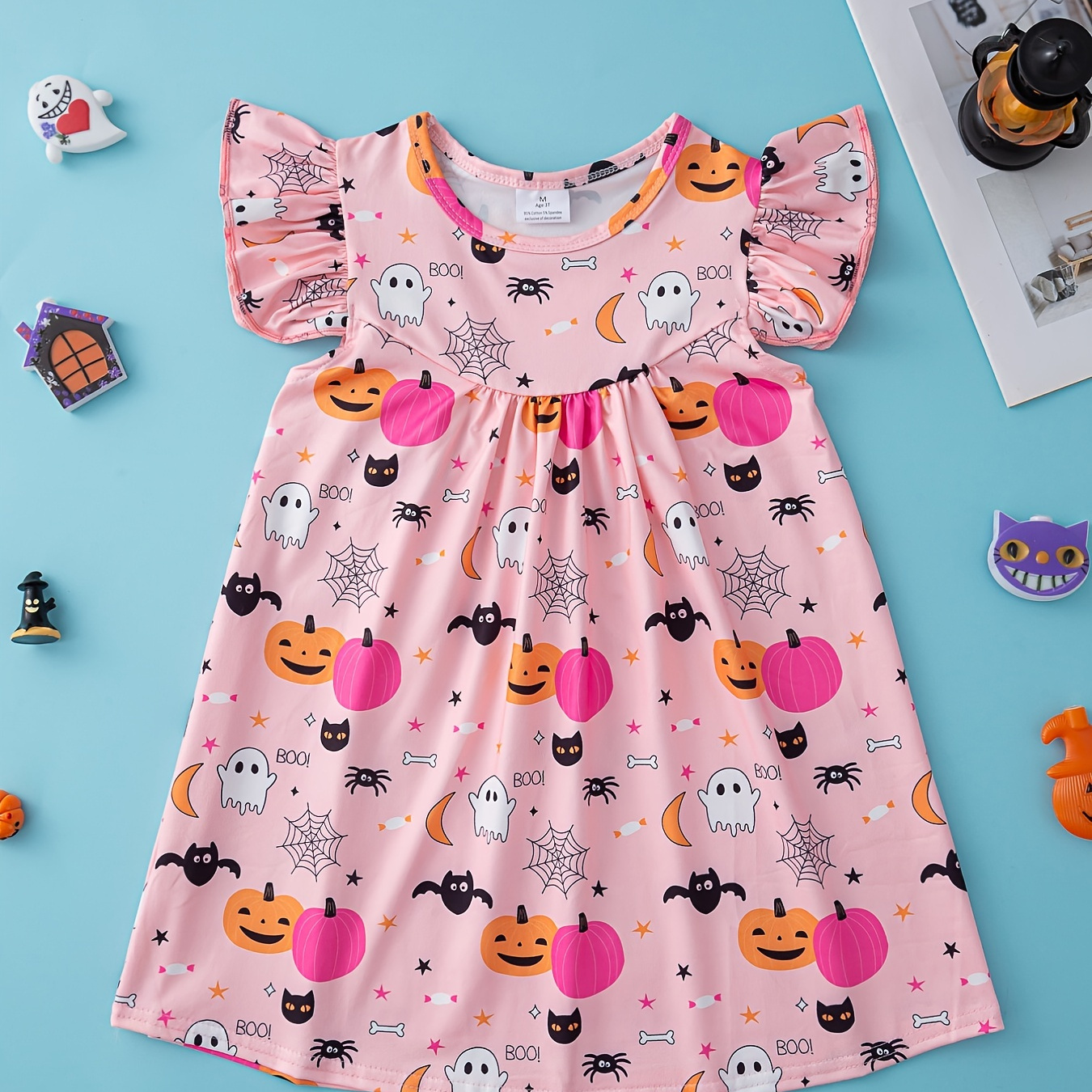 

Cute Pumpkin Dress For Girls Flying Sleeve Comfort Fit Little Girls Vacation Party Casual Dresses, Autumn/ Spring