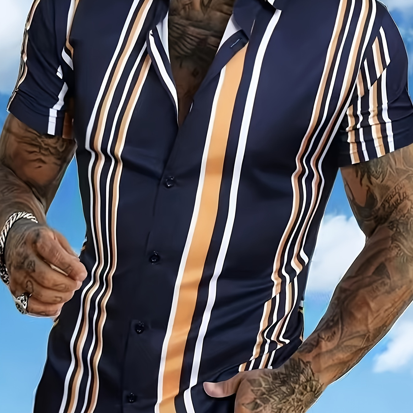 

Men's Shirt Top, Vertical Striped Lapel Short Sleeve Button Up Summer Shirt For Daily Business, Formal Shirts For Men