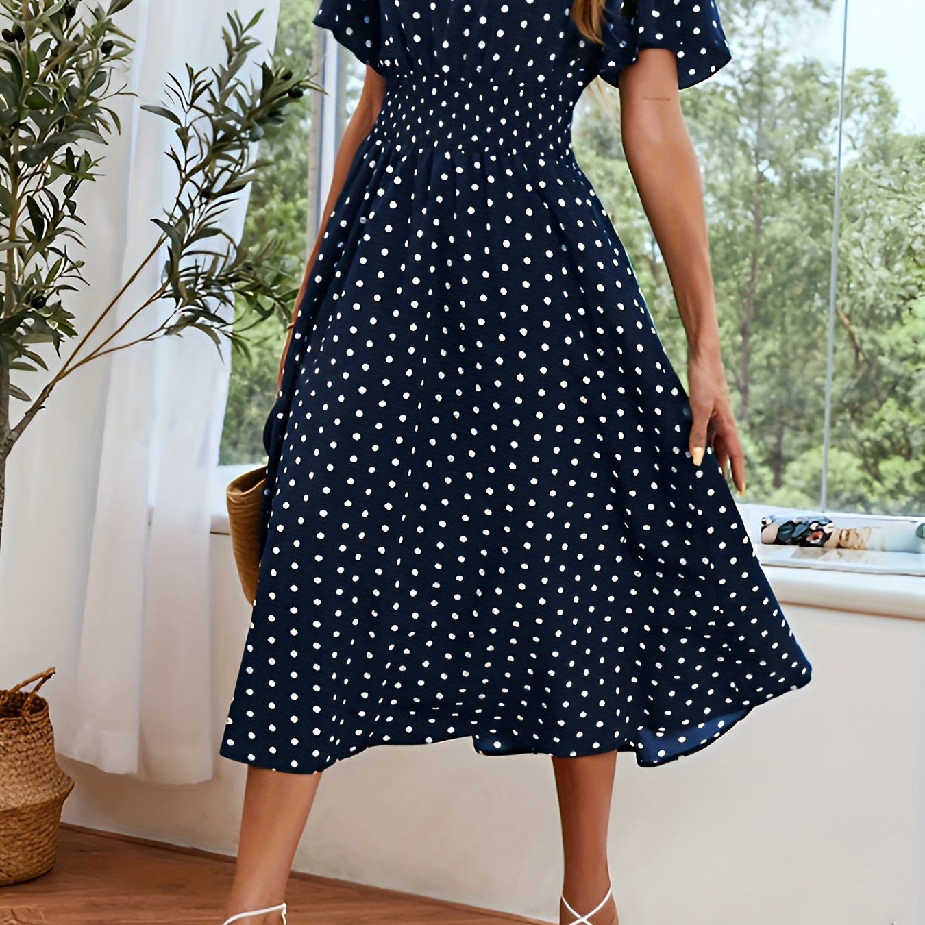 

Polka Dot Print Crew Neck Dress, Elegant Short Sleeve Dress For Spring & Summer, Women's Clothing For Elegant Dressing