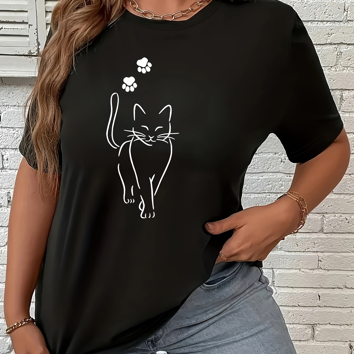 

T-shirt À Col Rond Avec De Chat Grande Taille, T-shirt Décontracté À Manches Courtes Pour Et L'été, Vêtements Grande Taille Pour Femmes