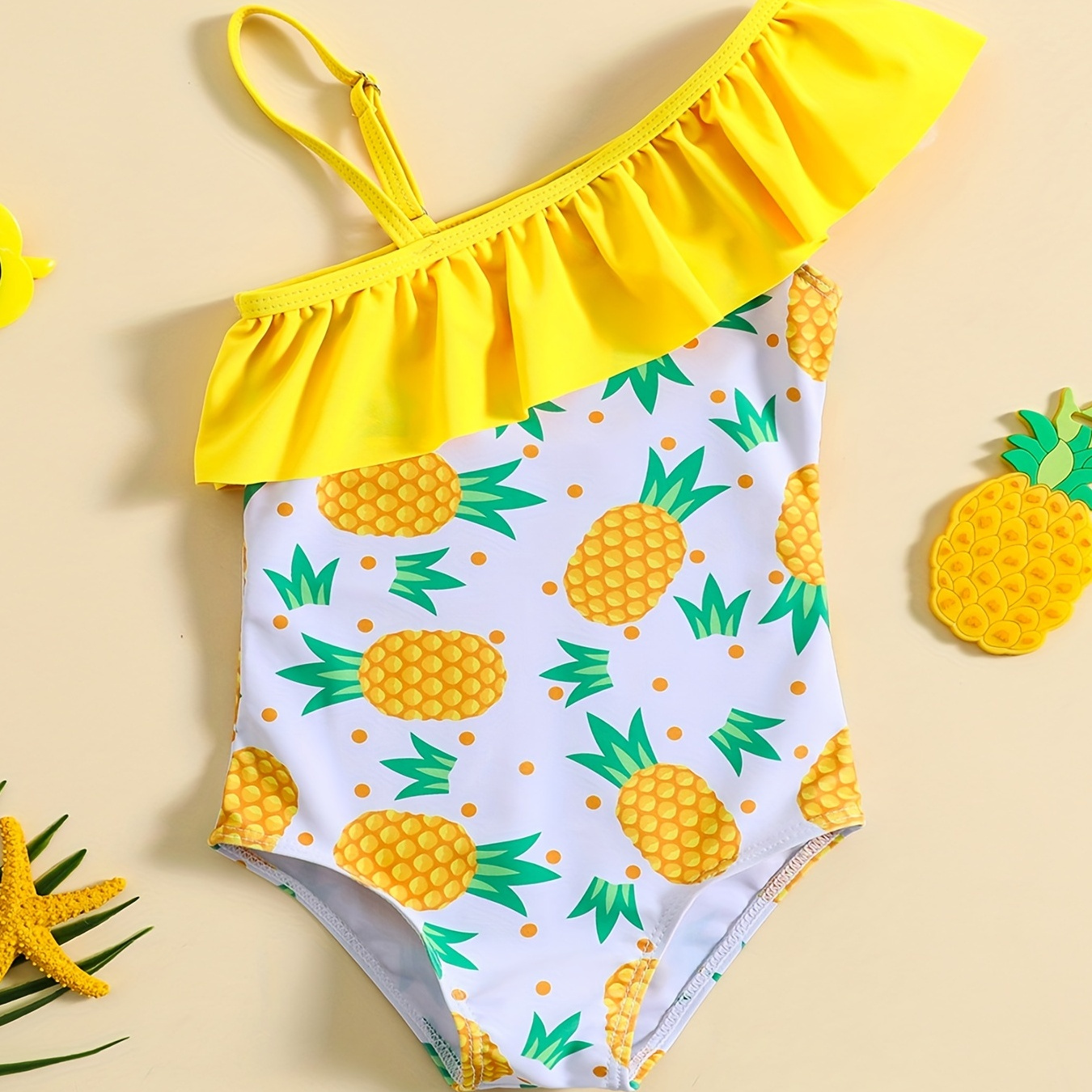 

Trendy Girls' 1 Shoulder Swimsuit With Pineapple Graphic And Ruffled Trim - Stretchy And Sleeveless For Comfortable Swimming