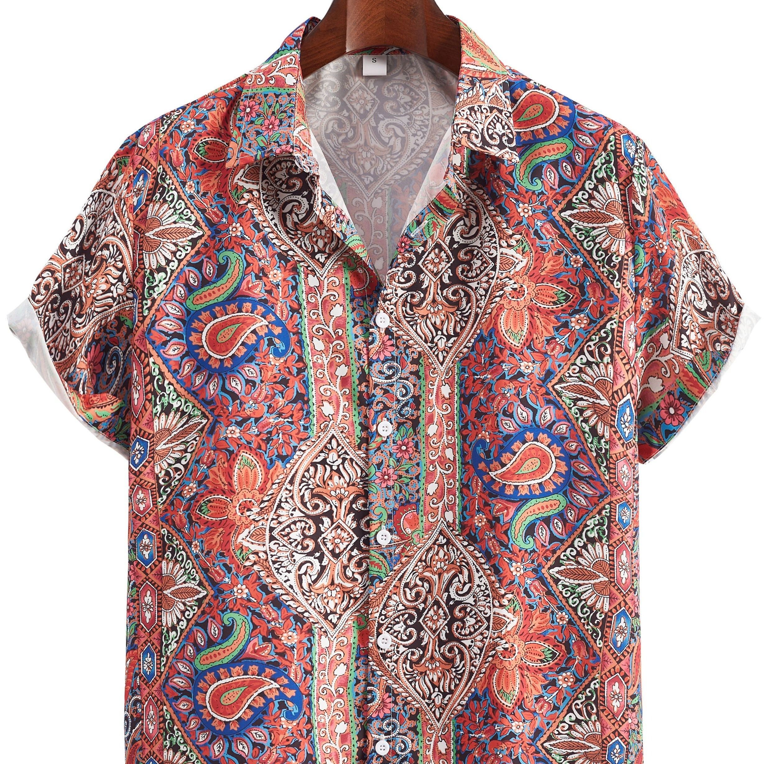 

Vintage Bohemian Paisley Pattern Men's Short Sleeve Button Down Shirt For Summer Vacation, Men's Leisurewear