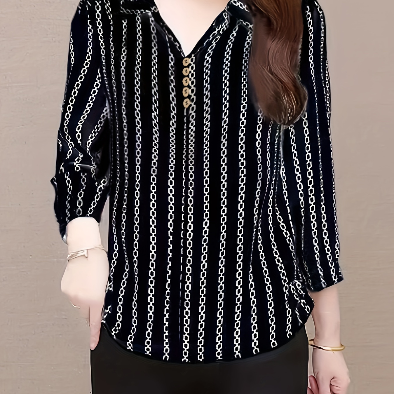 

Striped Pattern Collared Button Blouse, Casual 3/4 Sleeve Blouse For Spring & Fall, Women's Clothing