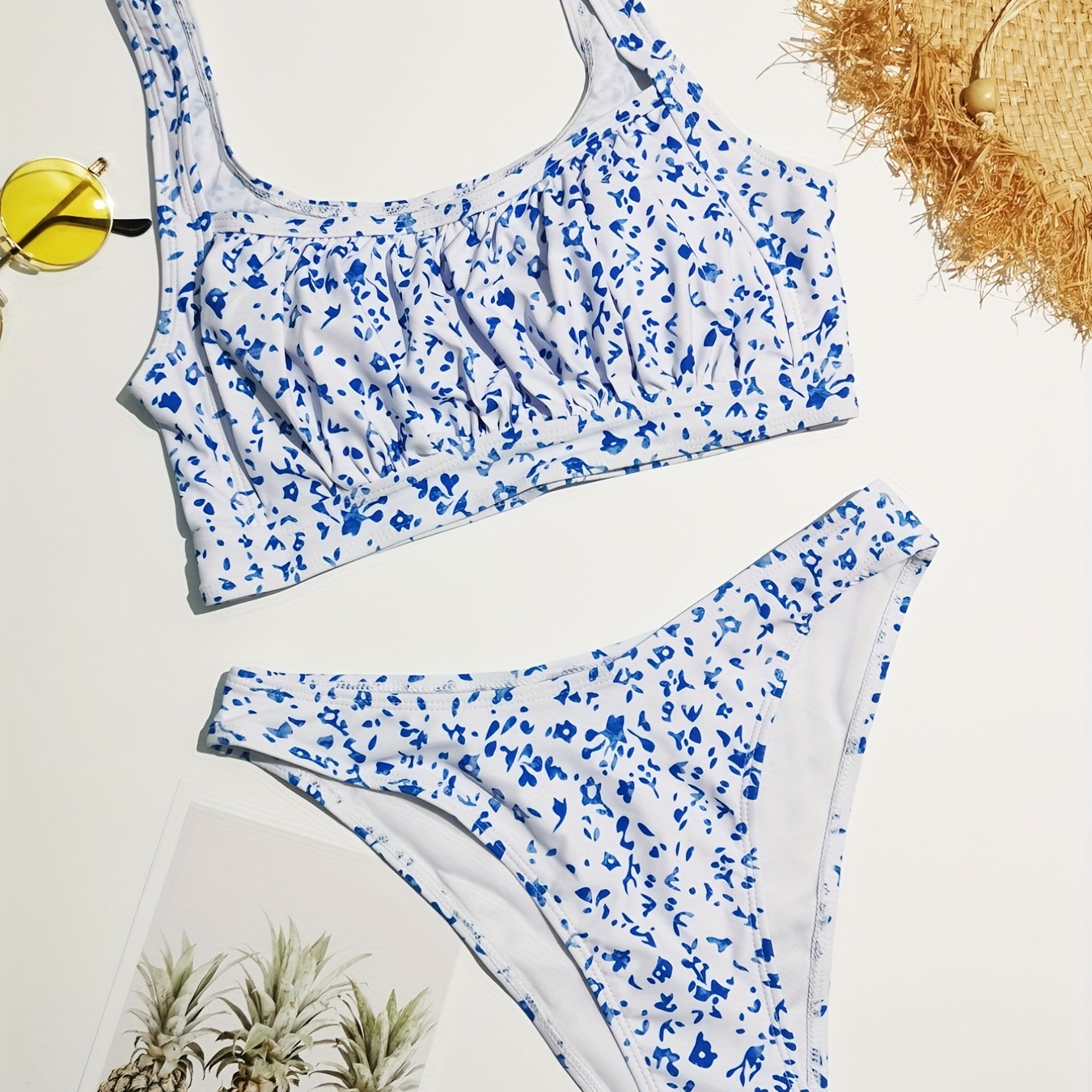 

Ditsy Floral Bikini Sets, Round Neck Stretchy High Cut 2 Pieces Swimsuit, Women's Swimwear & Clothing