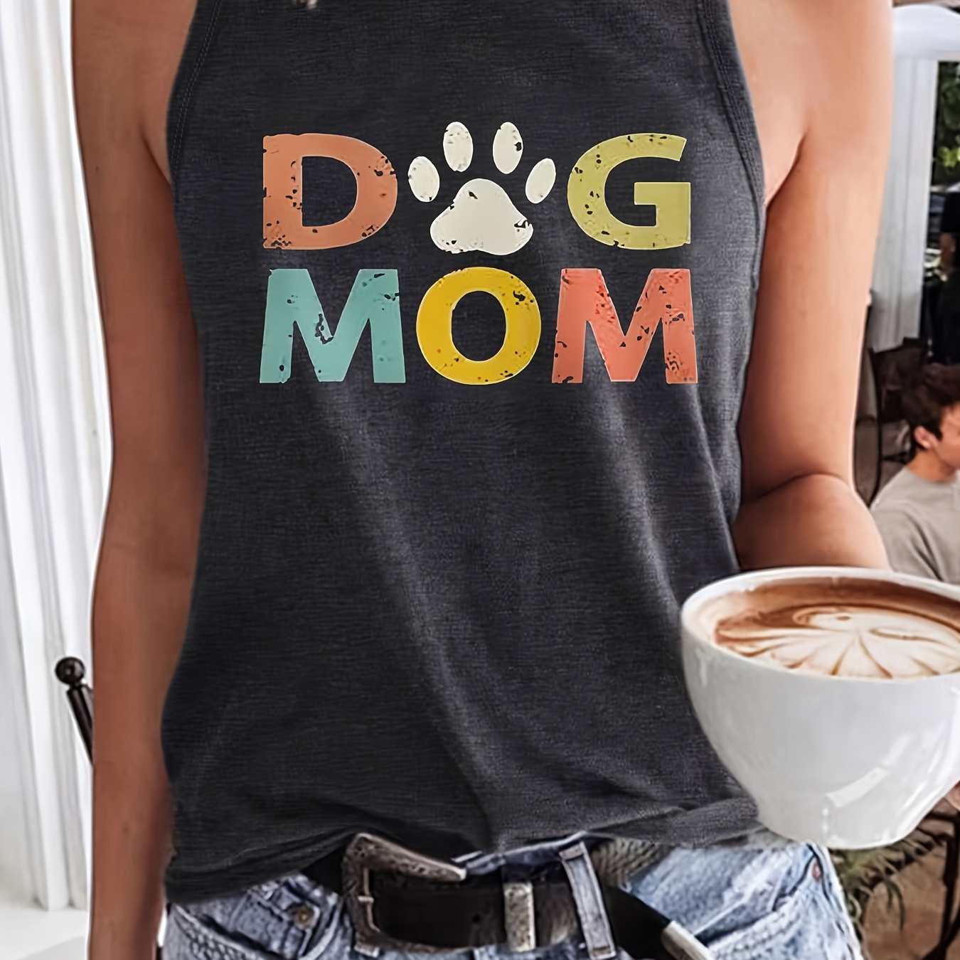

Dog Mom & Paw Print Tank Top, Casual Sleeveless Crew Neck Top For Summer & Spring, Women's Clothing