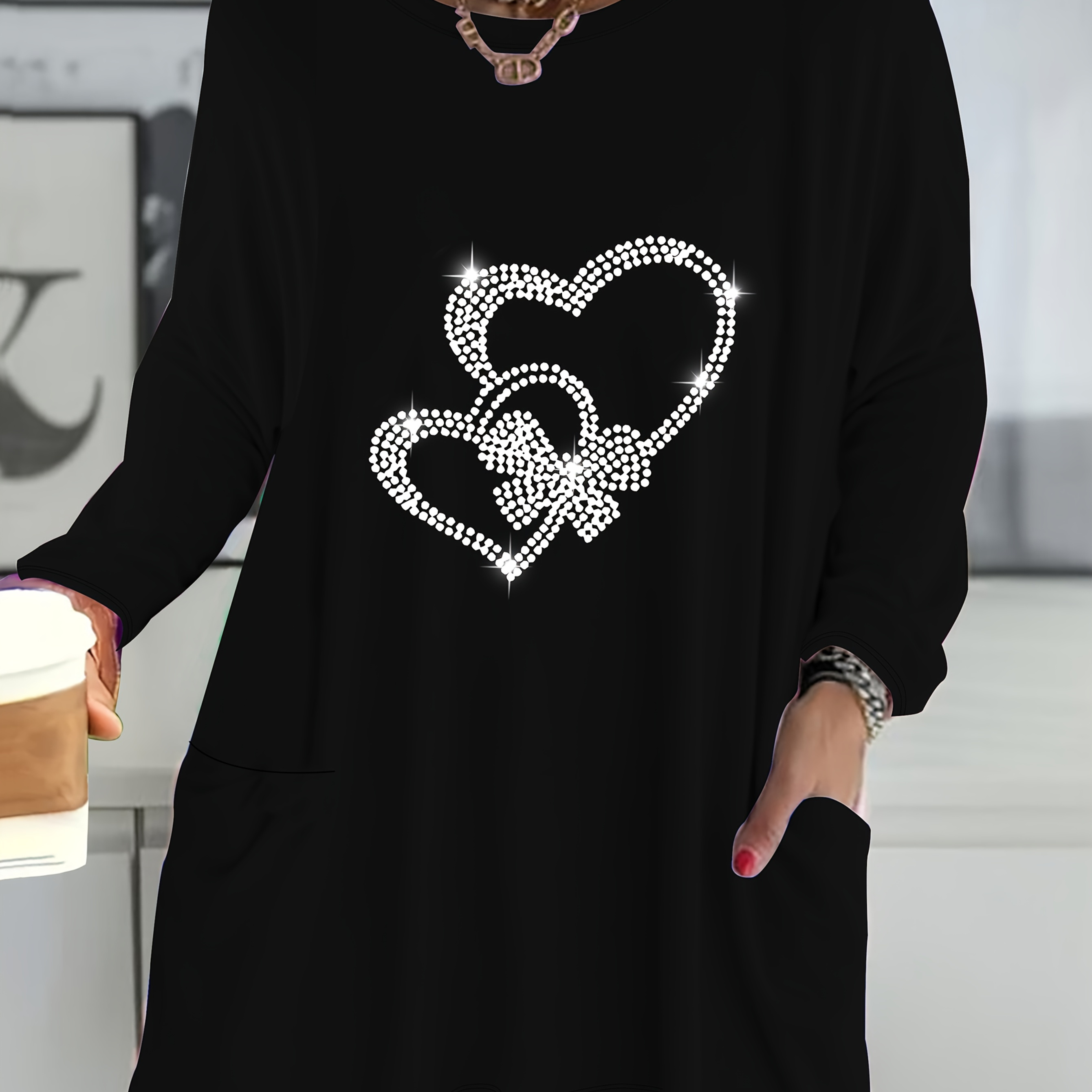 

1pc Size Women's Casual Long Sleeve T-shirt With Rhinestone Heart Detail And Pockets, Crew Neck, Knit Polyester Fabric,