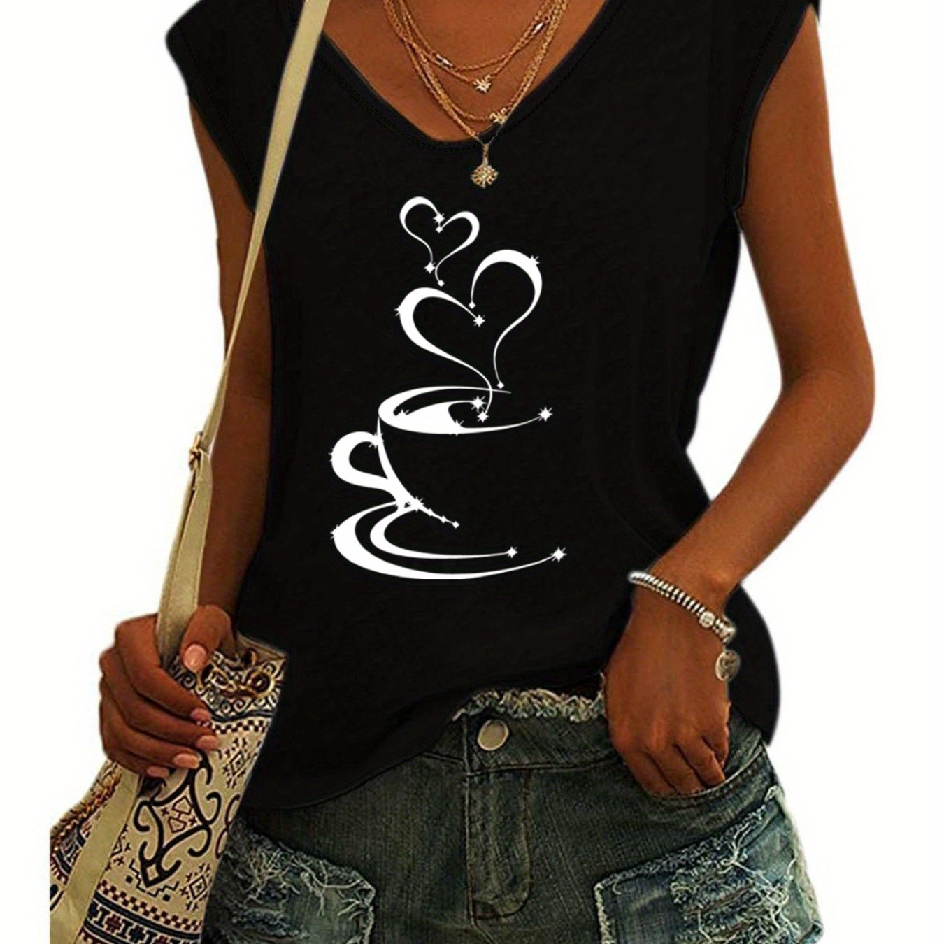 

Heart Graphic Print Tank Top, Sleeveless Casual Top For Summer & Spring, Women's Clothing