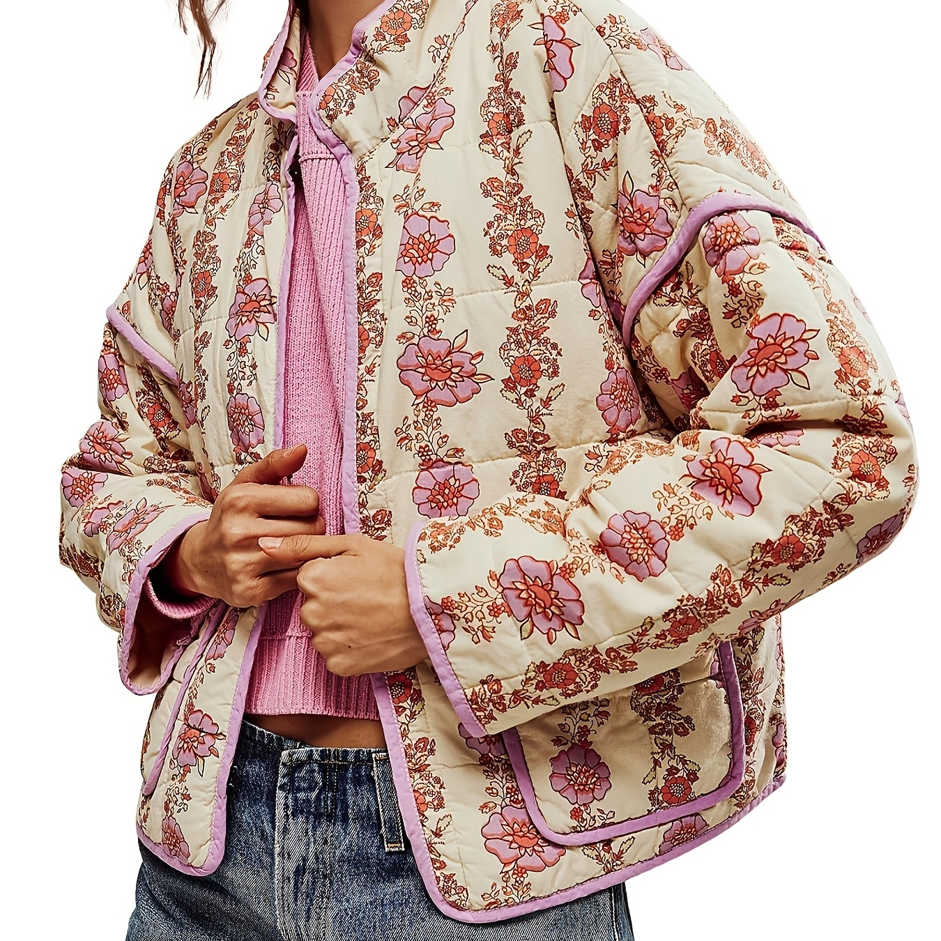 

Women' Floral Print Quilted Coat With Ruffle Trim - Lightweight, Outerwear