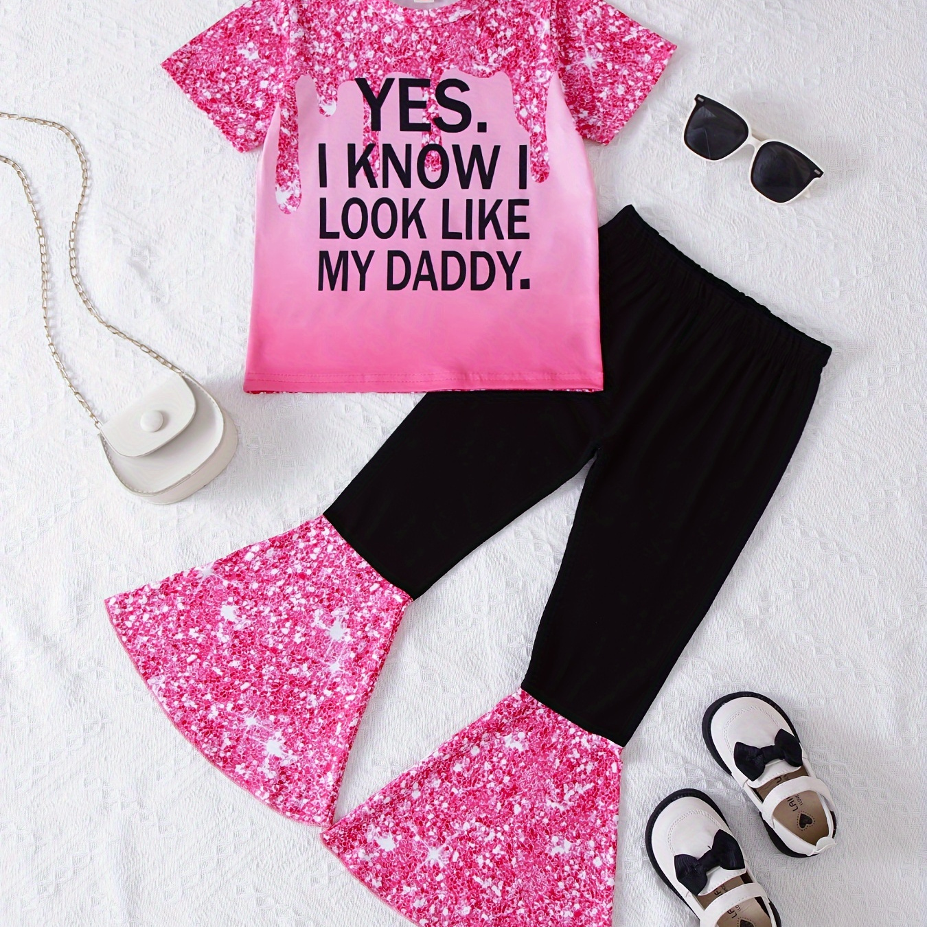 

2pcs, Yes I Know I Look Like My Daddy Print Top + Splicing Flare Pants Set Summer Clothes Girls