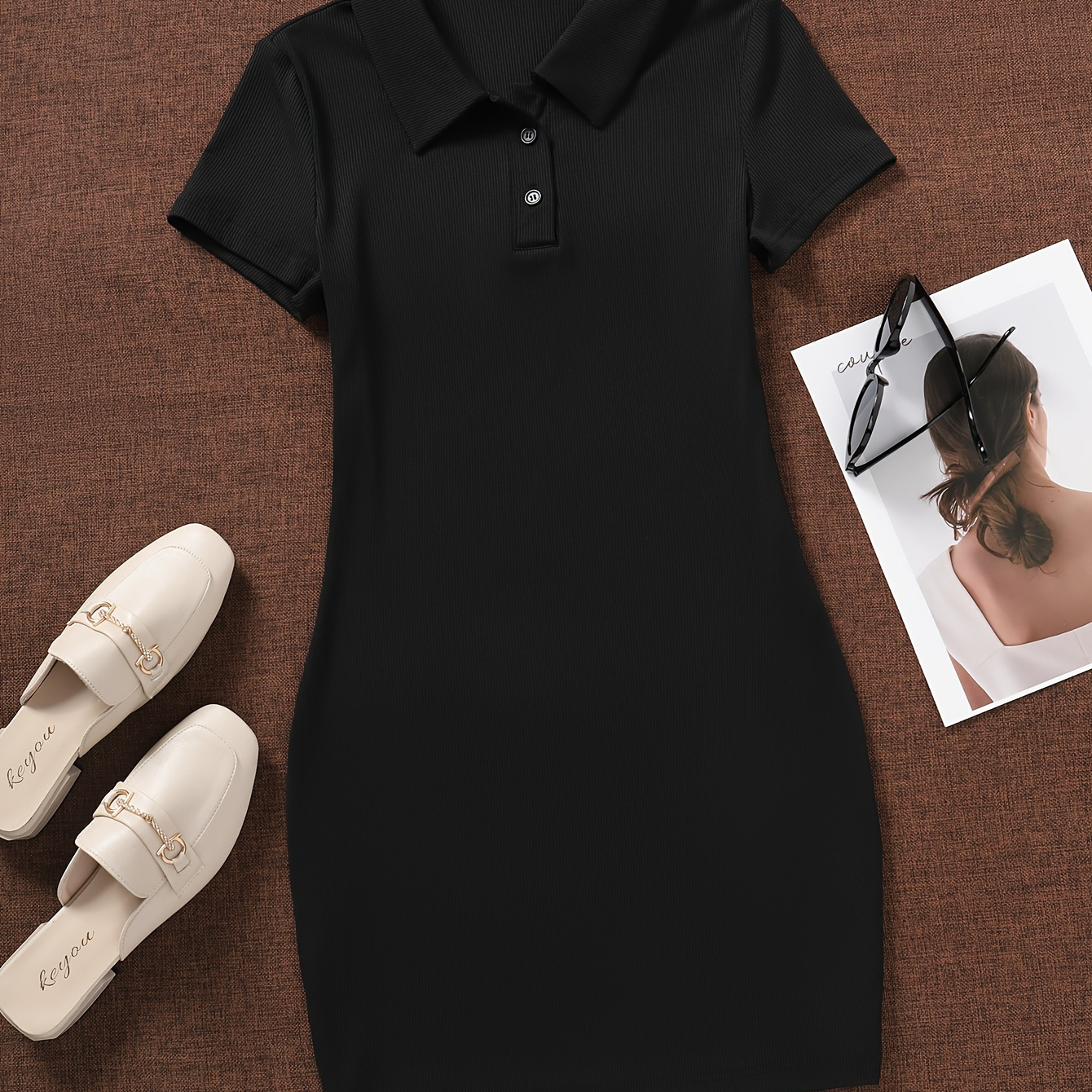 

Solid Color Button Front Dress, Chic Short Sleeve Slim Collared Dress For Spring & Summer, Women's Clothing