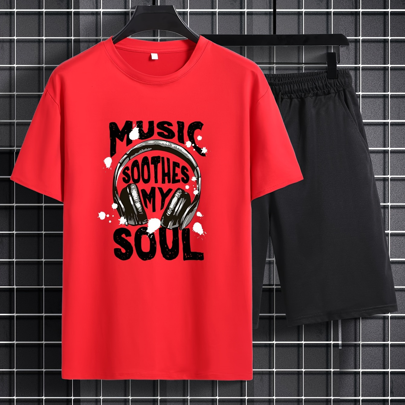 

Plus Size Men's Anime Headset Graphic Print T-shirt & Shorts Set For Summer, Men's Clothing