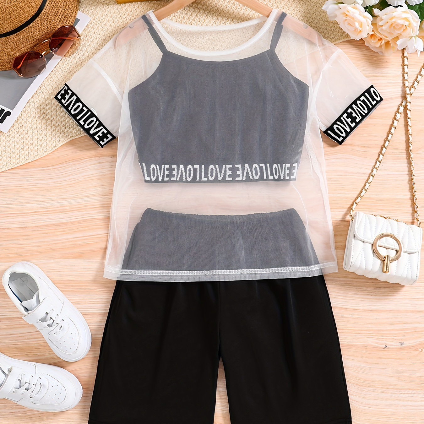 

Trendy Outfits Girl's Mesh Cover-up Top + Letter Tape Camisole + Shorts Set Street Casual Going Out Summer Clothes
