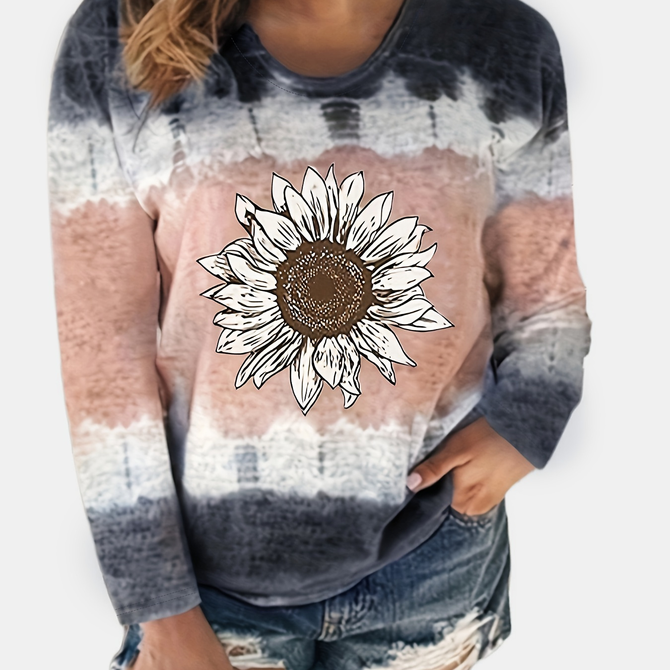 

Floral Print Color Block T-shirt, Casual Crew Neck Long Sleeve T-shirt, Women's Clothing