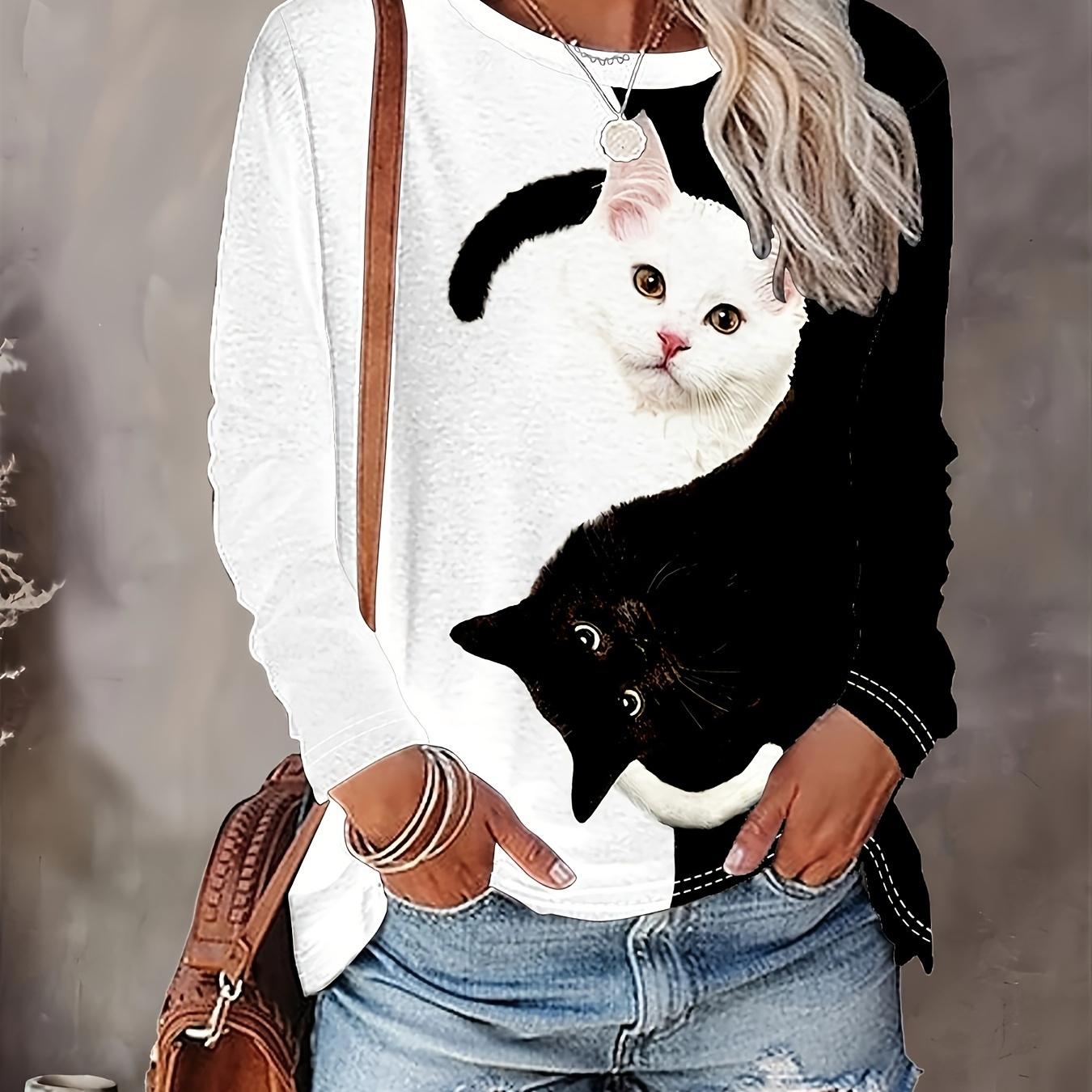 

Women's Long Sleeve T-shirt, Round Neck, Casual Style, Full-print Cat Design, Polyester Knit Fabric, Regular Length, All-season Fashion Top