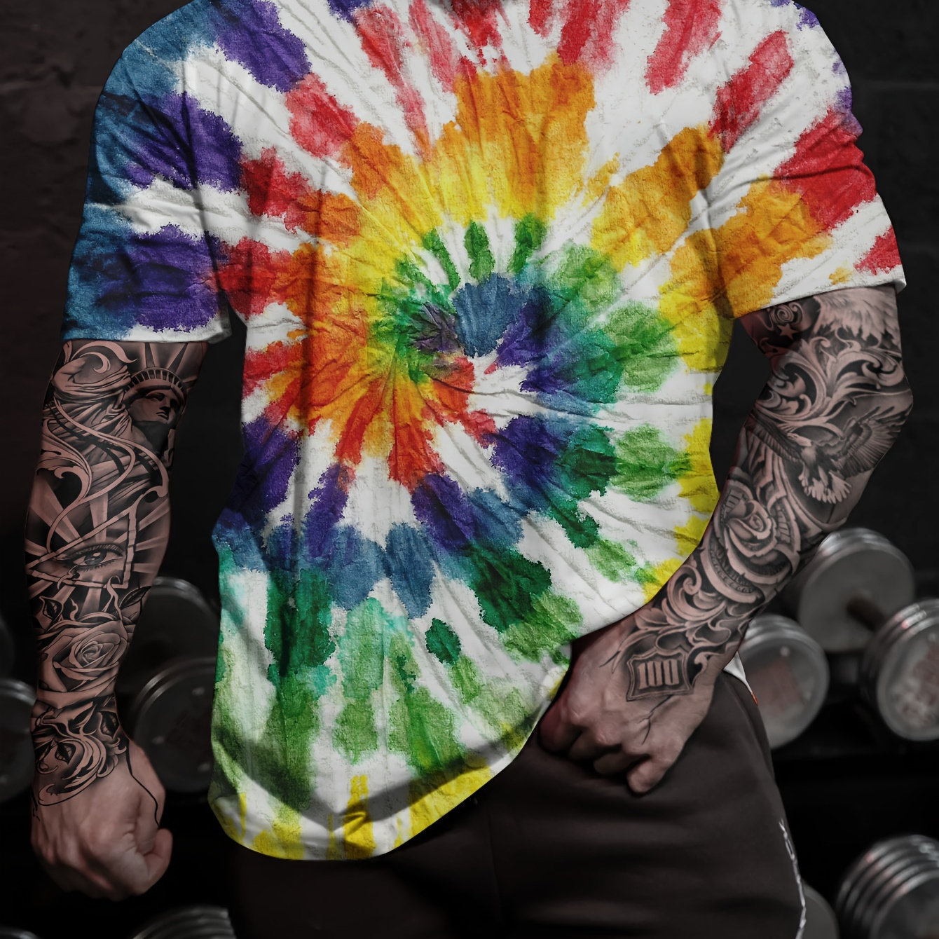 

Plus Size Men's Rainbow Print Tie-dye Short Sleeve T-shirt, Casual Fashion Crew Neck Tee, All Over Graphic Top For Outdoor Sport And Leisure, Big & Tall Guys