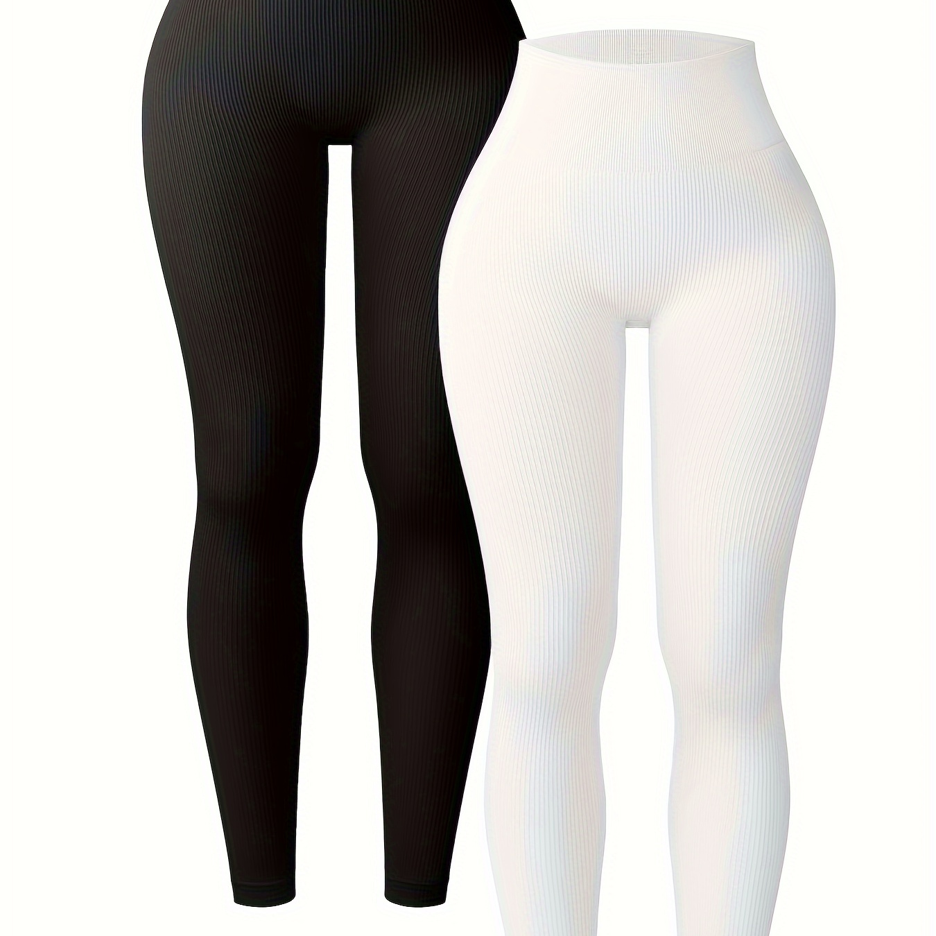 

2pcs Women's High-waist Yoga Leggings - Seamless, Breathable & Stretchy Workout Tights With Ribbed Detail