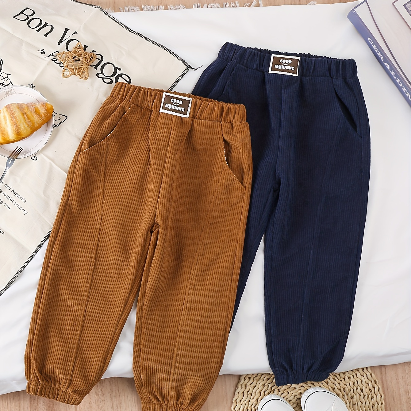 

2pcs Boy's Corduroy Solid Color Jogger Pants With Drawstrings, Casual Comfy Stylish Autumn And Winter Pants Outdoor Trousers