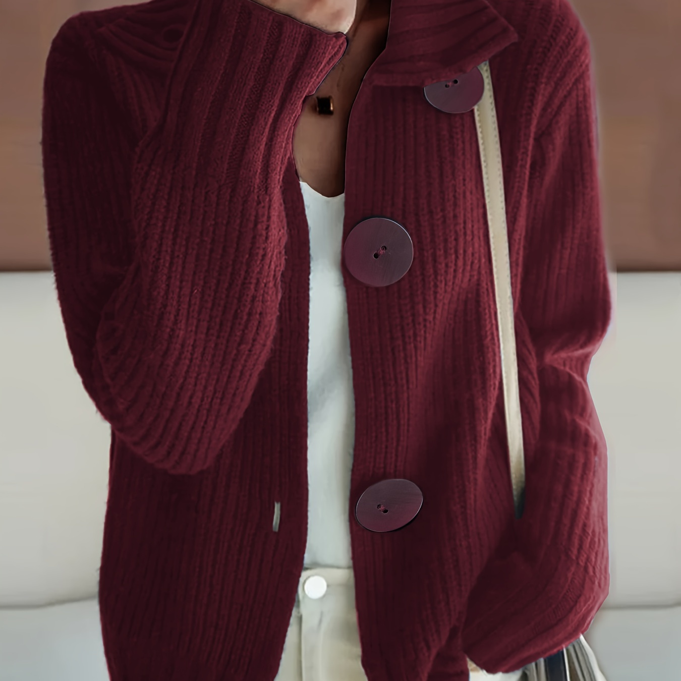 

Solid Color Button Front Knitted Cardigan, Casual Long Sleeve Cardigan For Fall & Winter, Women's Clothing