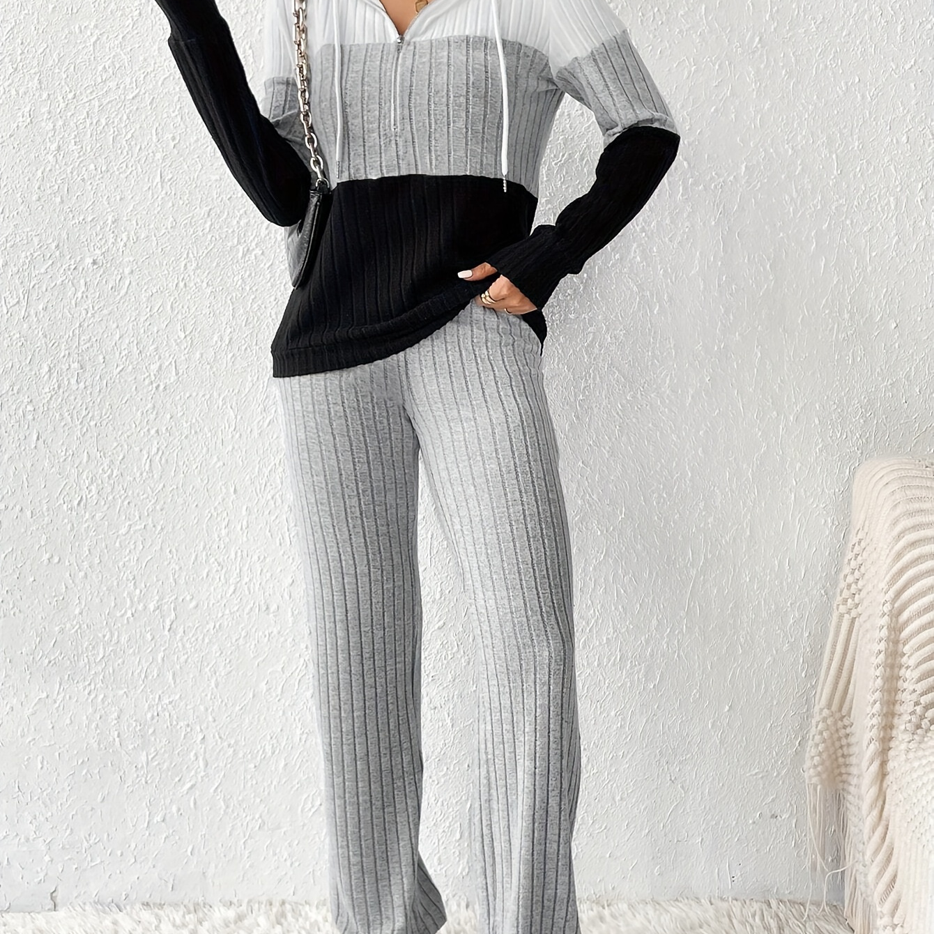 

Ribbed Pantsuits, Half Zip Long Sleeve Hooded Top & Waist Pants Outfits, Women's Clothing